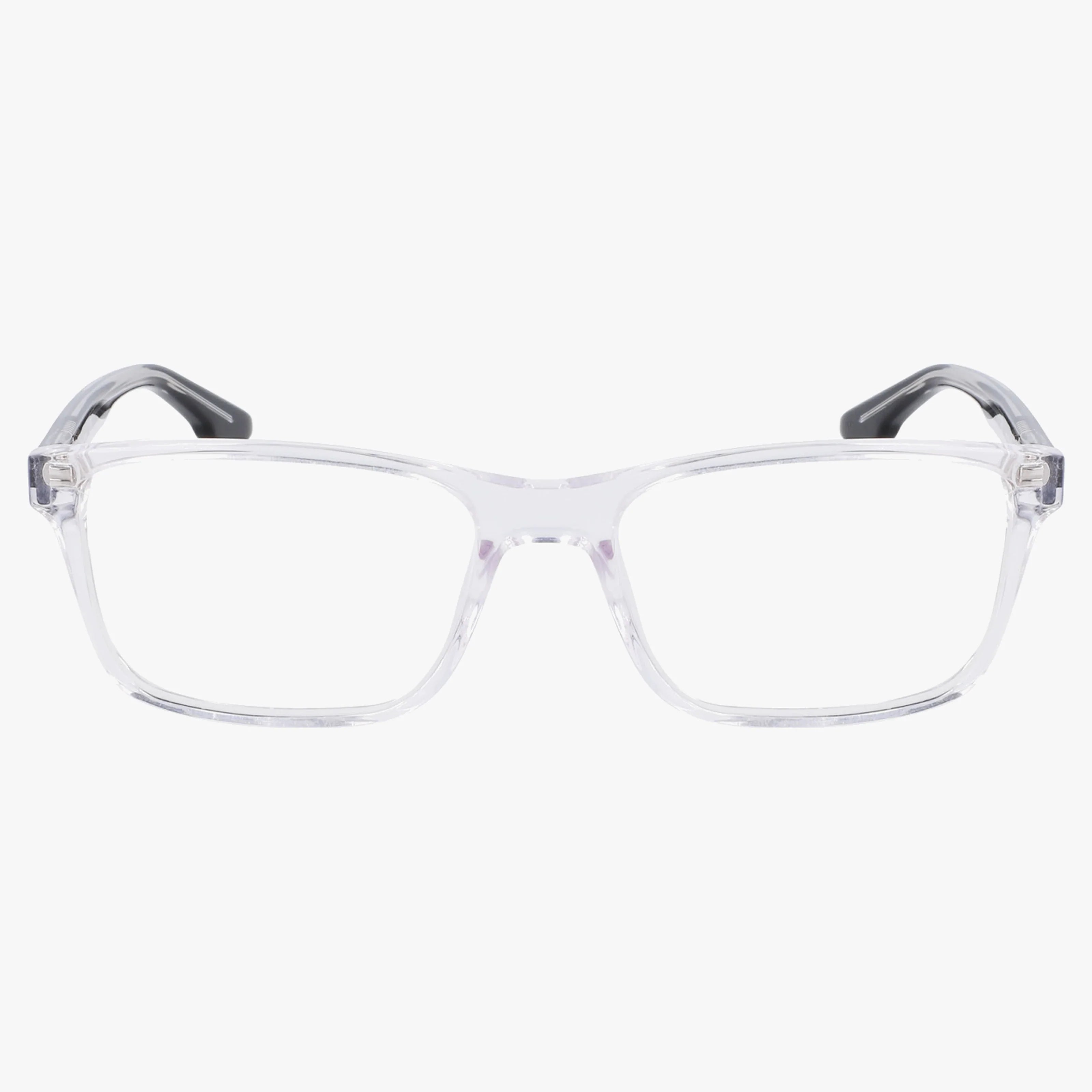 The Columbia C8036N features clear rectangular eyeglasses with transparent frames and black temple tips. Displayed front-facing on a white background, this luxury frame offers quality craftsmanship for style and comfort.