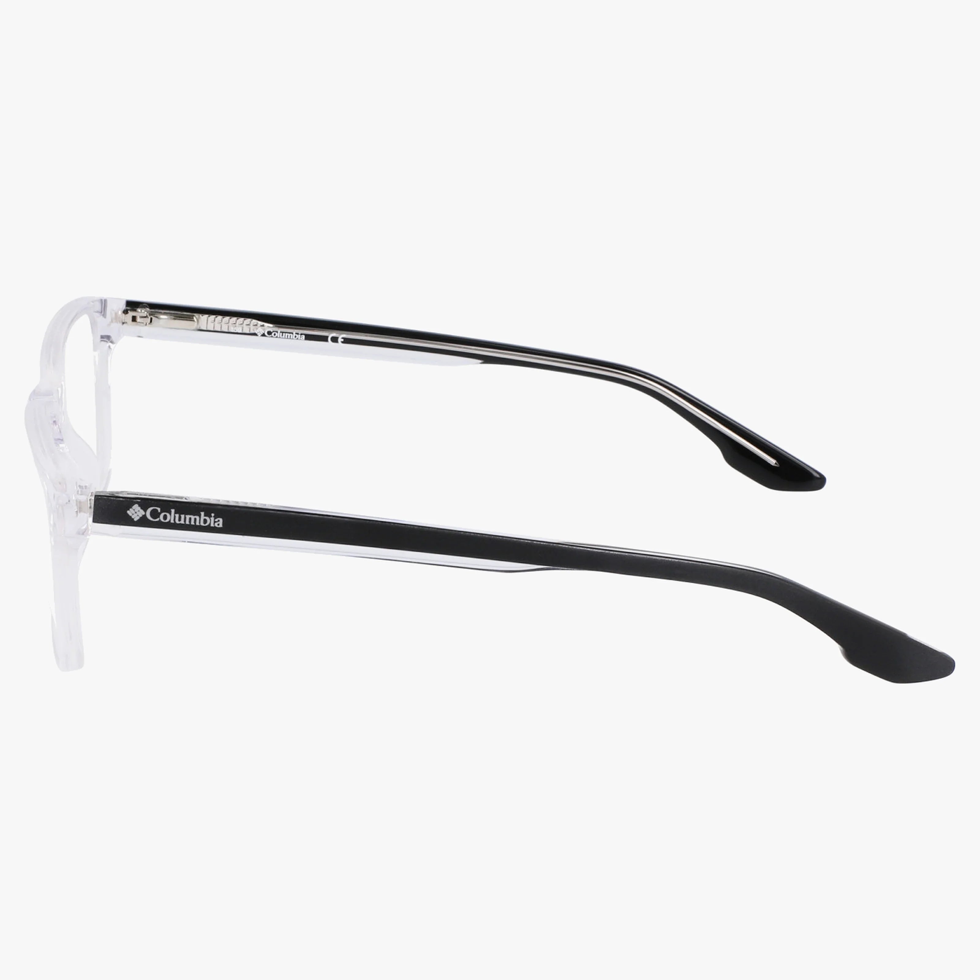 Side view of Columbia C8036N eyeglasses with transparent front frames and black arms, featuring a white Columbia logo on the left arm. This quality design is displayed against a plain white background.