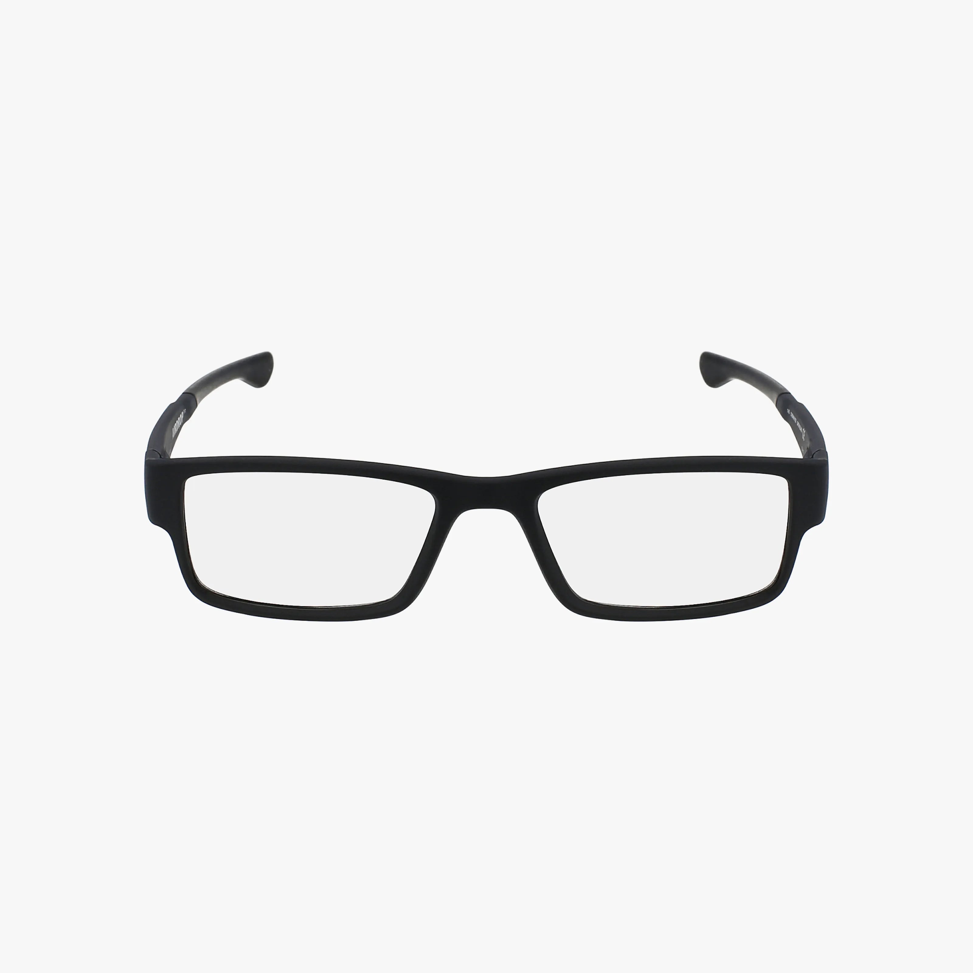 Oakley OX8046 AIRDROP rectangle eyeglasses in translucent grey with clear lenses, shown on a plain white background.