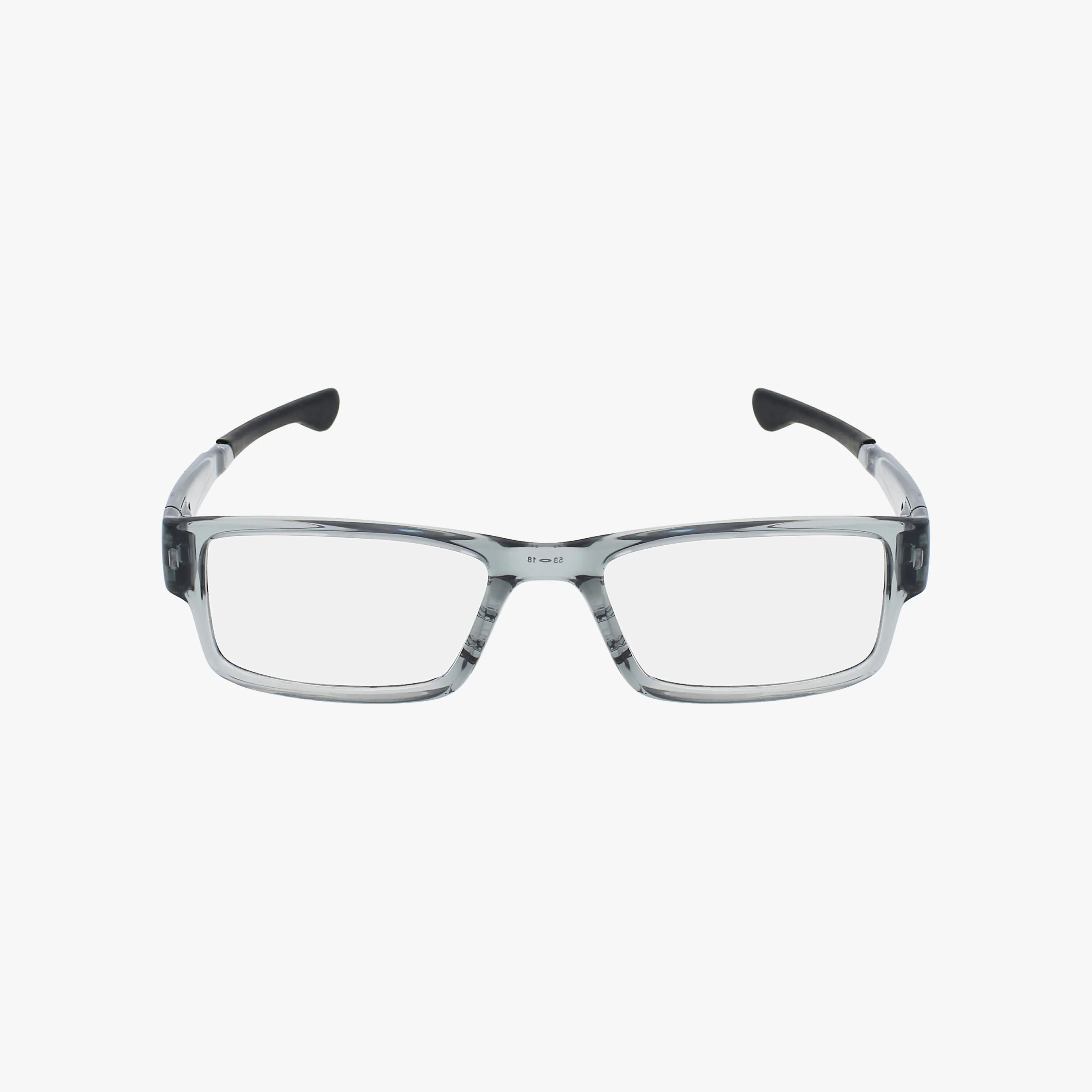 A pair of Oakley OX8046 AIRDROP eyeglasses with a translucent grey rectangular frame and black temple tips, displayed on a white background.