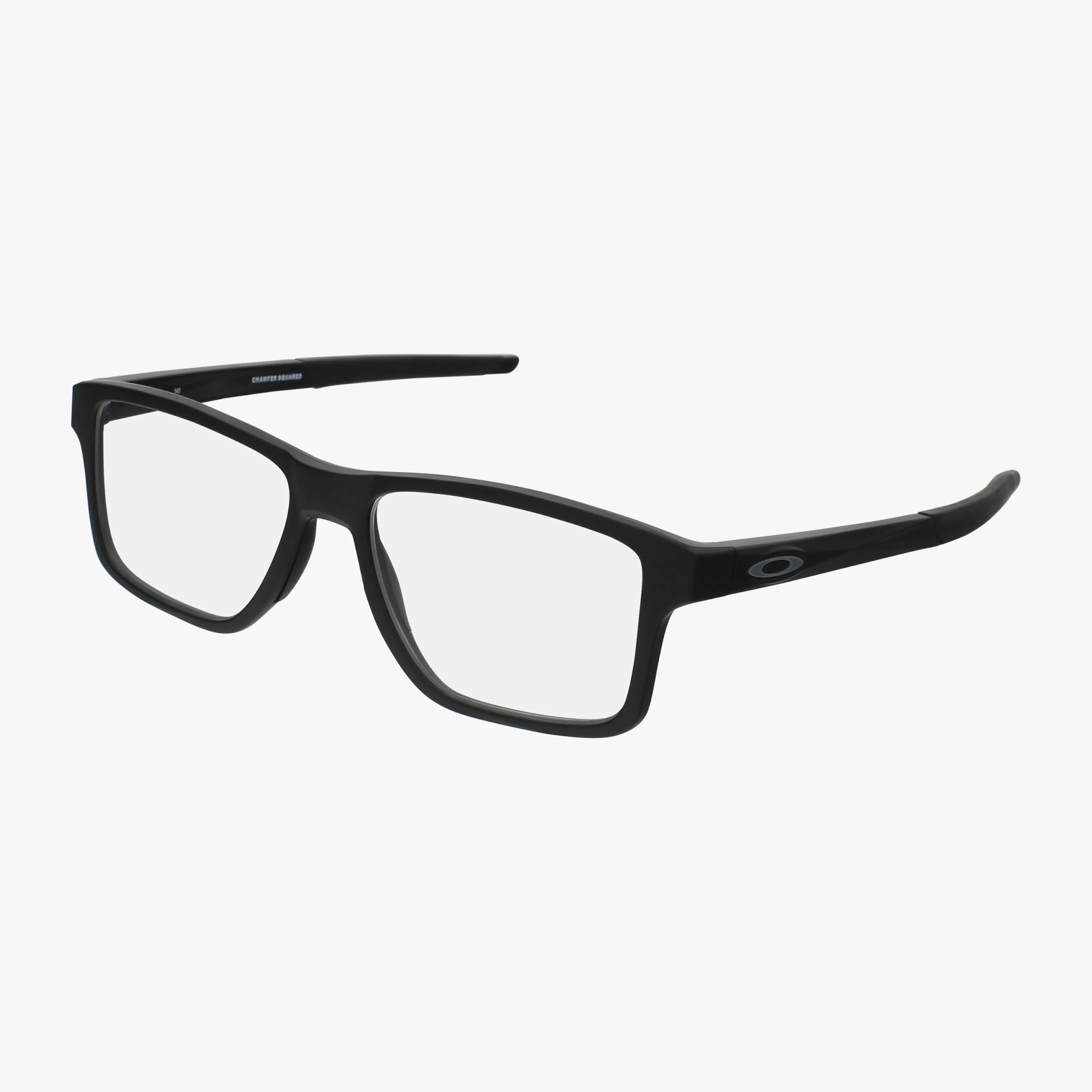 The Oakley OX8143 CHAMFER SQUARED eyeglasses feature a black rectangular frame with straight arms and clear progressive lenses. A small oval Oakley logo appears on the temple. The glasses are displayed against a white background.