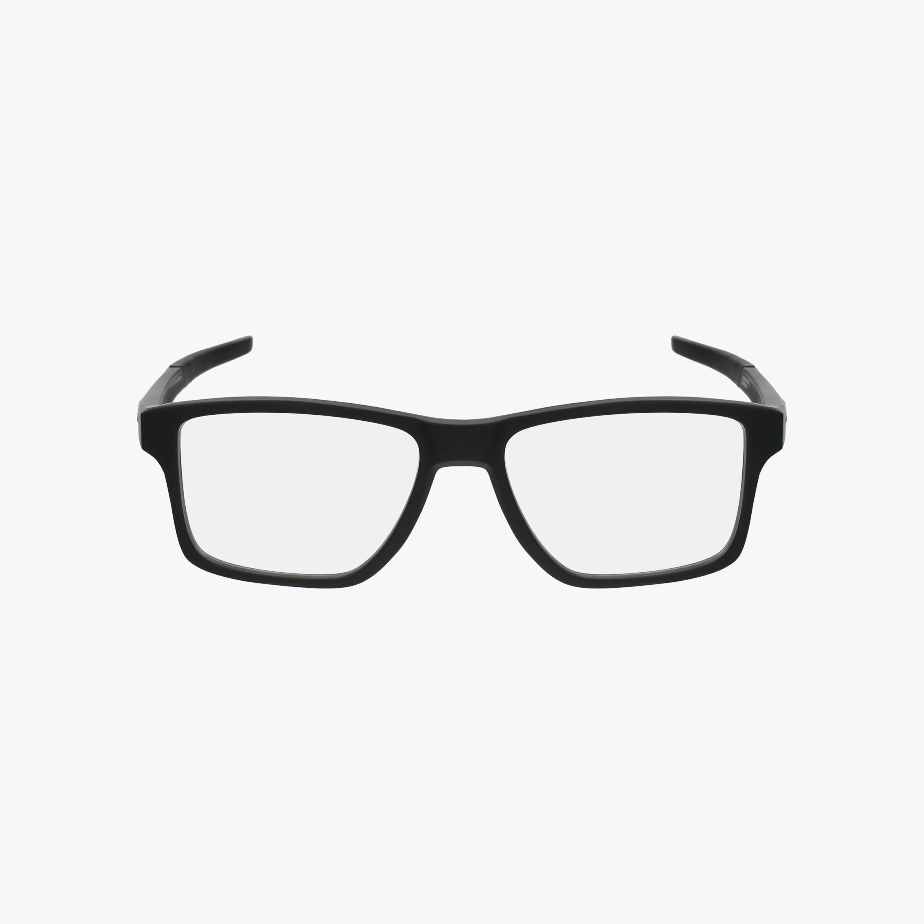 The Oakley OX8143 CHAMFER SQUARED is a pair of black rectangular eyeglasses featuring progressive lenses and a clear, well-balanced design, shown on a white background.