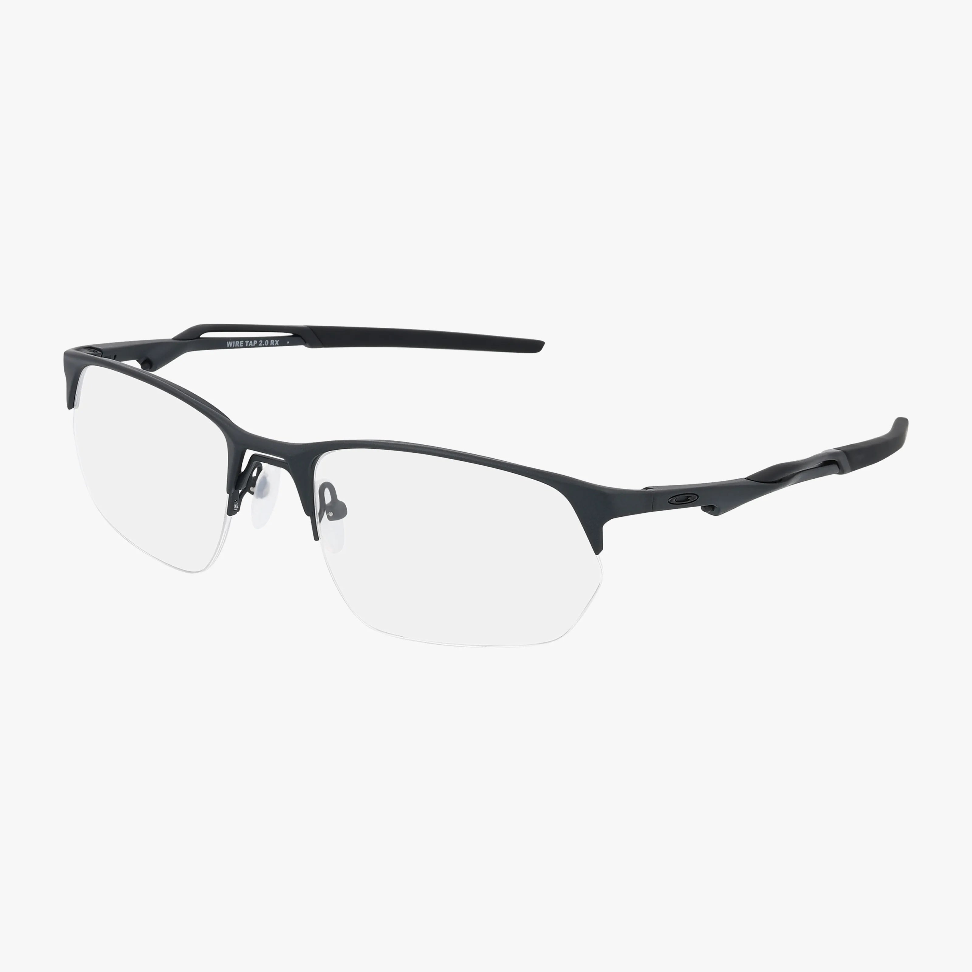 The Oakley OX5152 WIRE TAP 2.0 eyeglasses feature semi-rimless black metal frames, clear lenses, flexible arms, and adjustable nose pads, all showcasing quality craftsmanship, displayed on a white background.