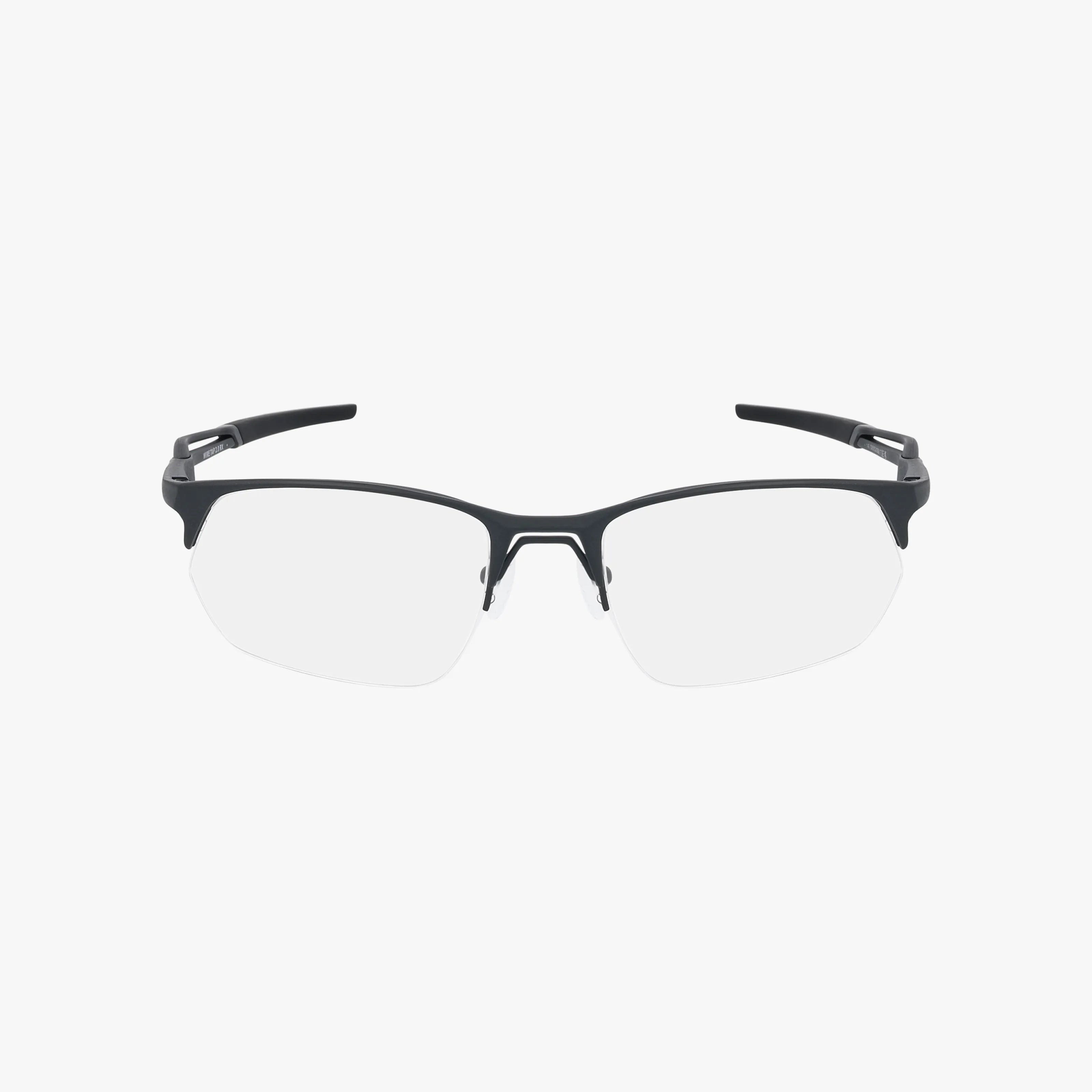 The Oakley OX5152 WIRE TAP 2.0 eyeglasses feature a black, semi-rimless frame and clear lenses, showcased facing forward on a white background—designed for quality craftsmanship and enduring style.