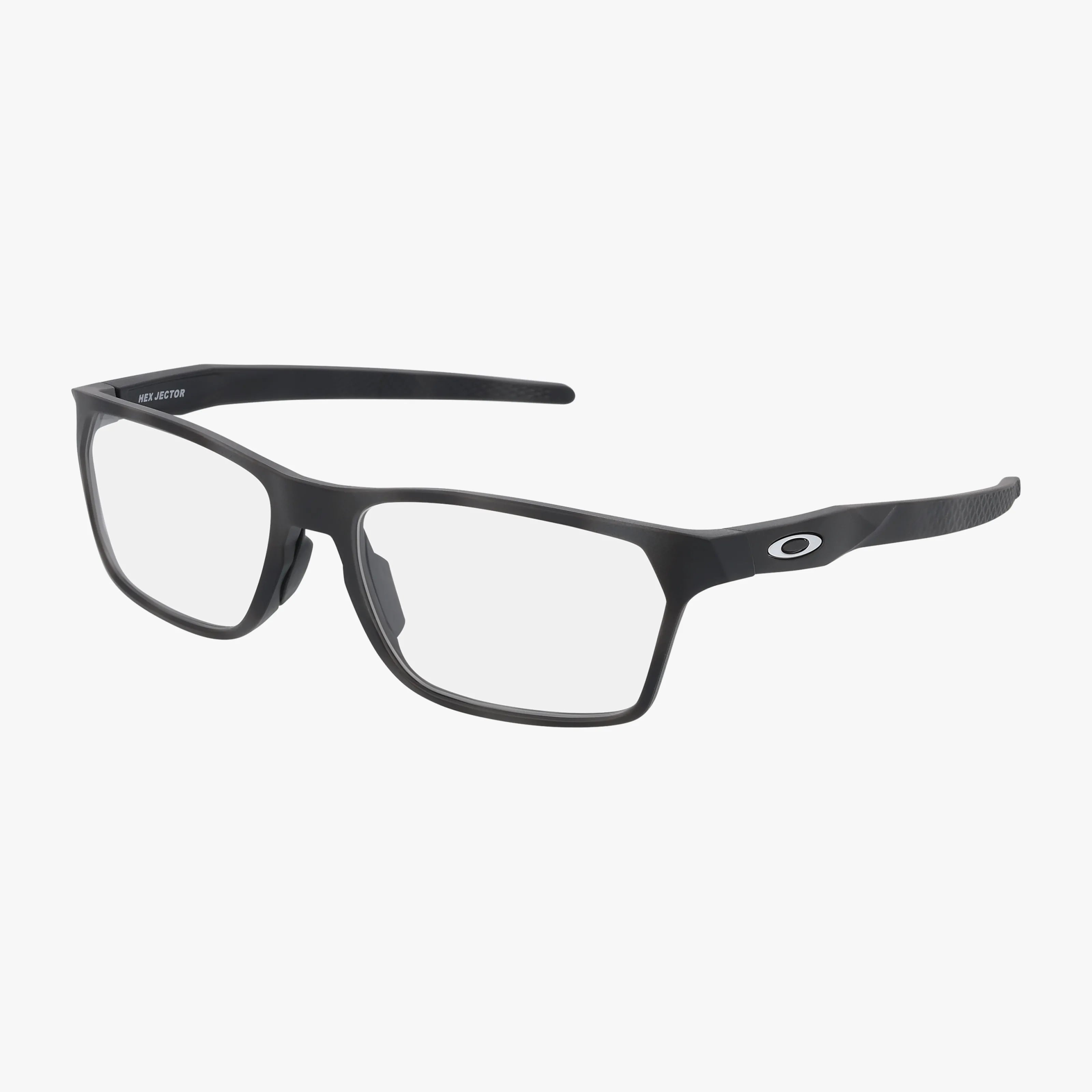 Oakley OX8032 HEX JECTOR eyeglasses feature black rectangular frames, clear lenses, lightweight construction, and the Oakley logo on the arms, photographed against a plain white background.