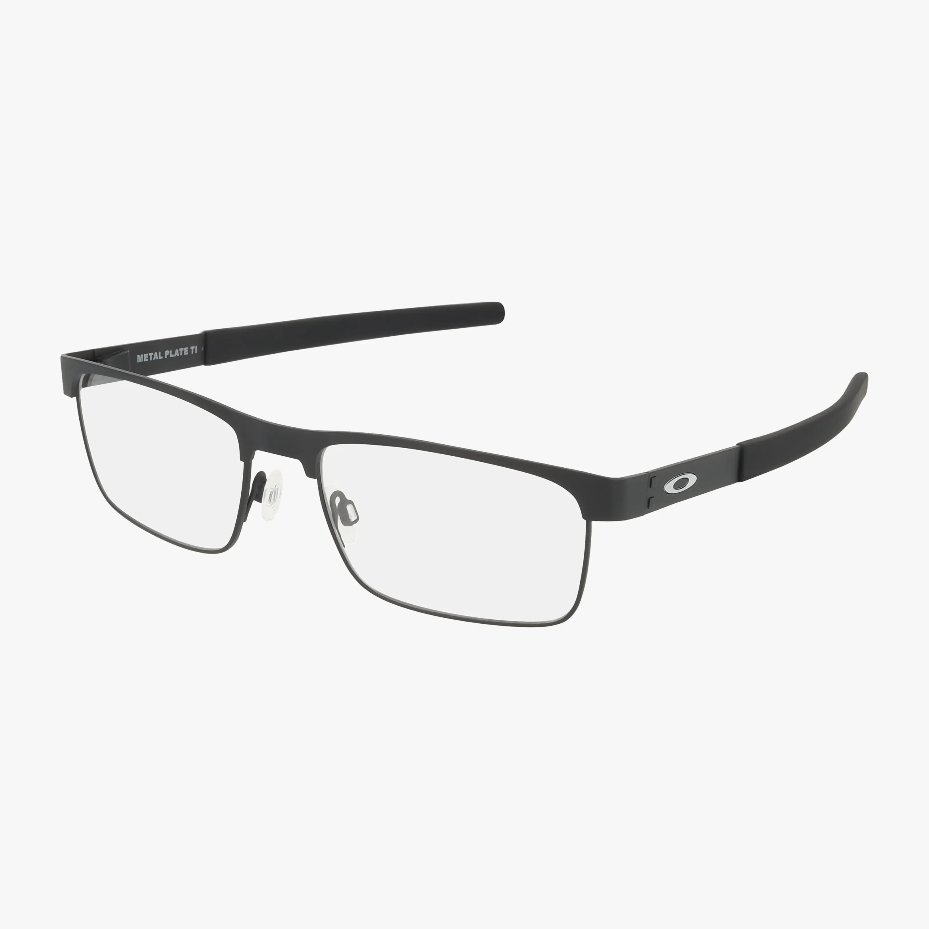 Oakley OX5153 METAL PLATE TI rectangular glasses feature thin, lightweight black metal frames, clear lenses, adjustable nose pads, and solid black arms with a white oval logo on the temples. Shown on a plain white background.