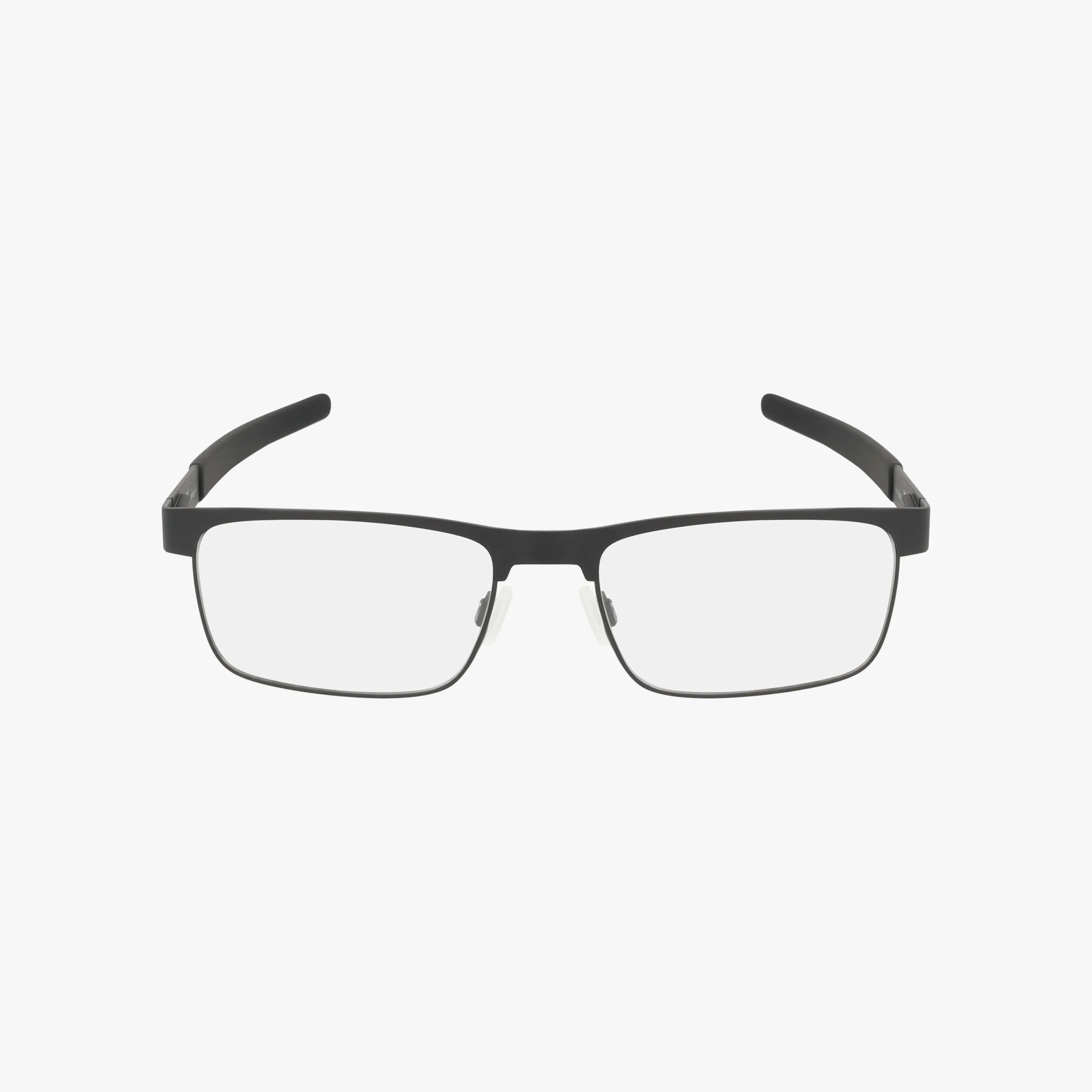 The Oakley OX5153 METAL PLATE TI glasses are rectangular with a lightweight black metal frame and clear lenses, displayed against a plain white background.