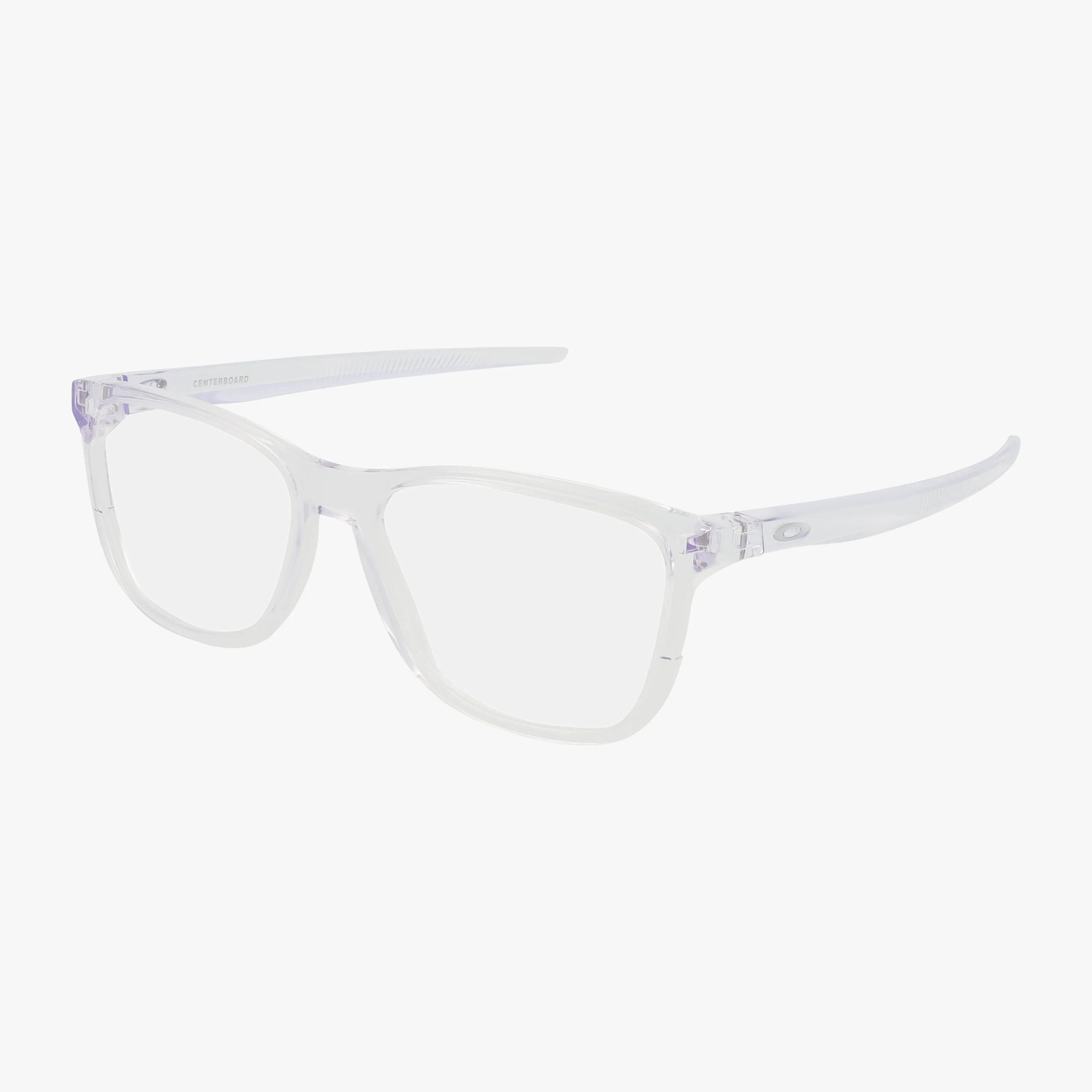 Oakley OX8163 CENTERBOARD eyeglasses feature clear rectangular lenses with slightly rounded edges, a polished transparent frame and temples, displayed on a plain white background.