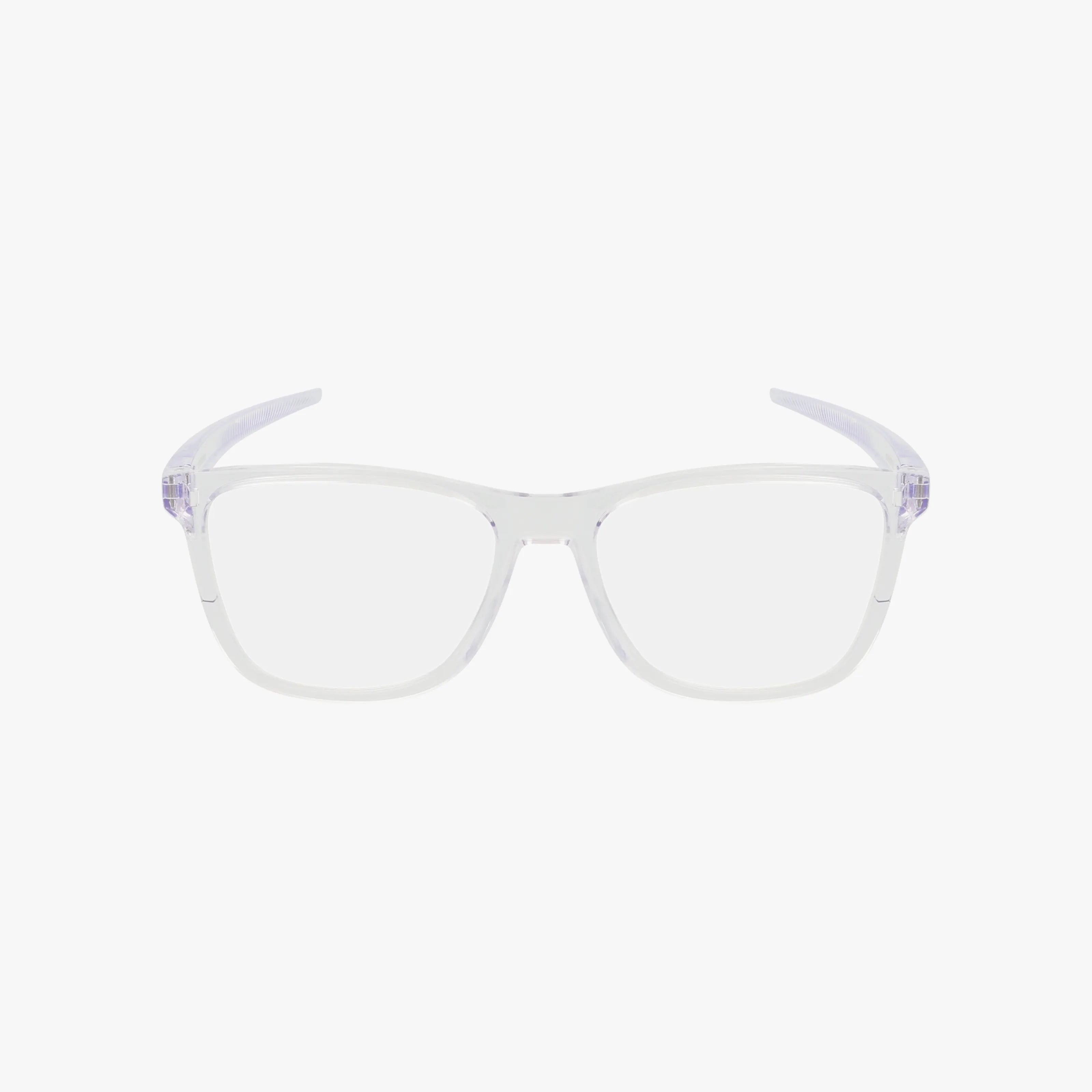 Oakley OX8163 CENTERBOARD eyeglasses have clear rectangular lenses and transparent, polished frames, shown on a white background.
