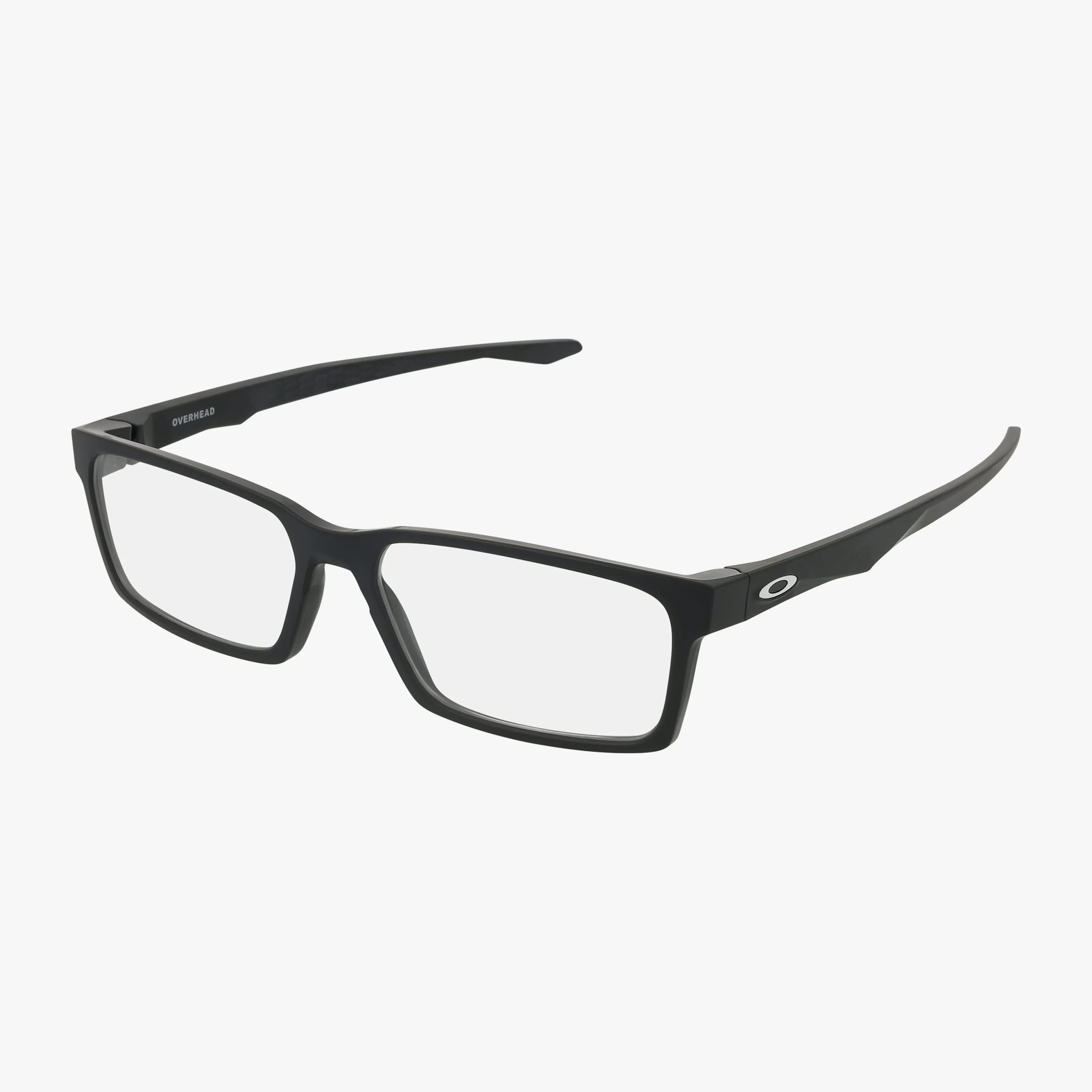 The Oakley OX8060 OVERHEAD features black rectangular frames with clear lenses, a sturdy build, and a subtle white oval logo on the arms. The eyeglasses are displayed against a plain white background.