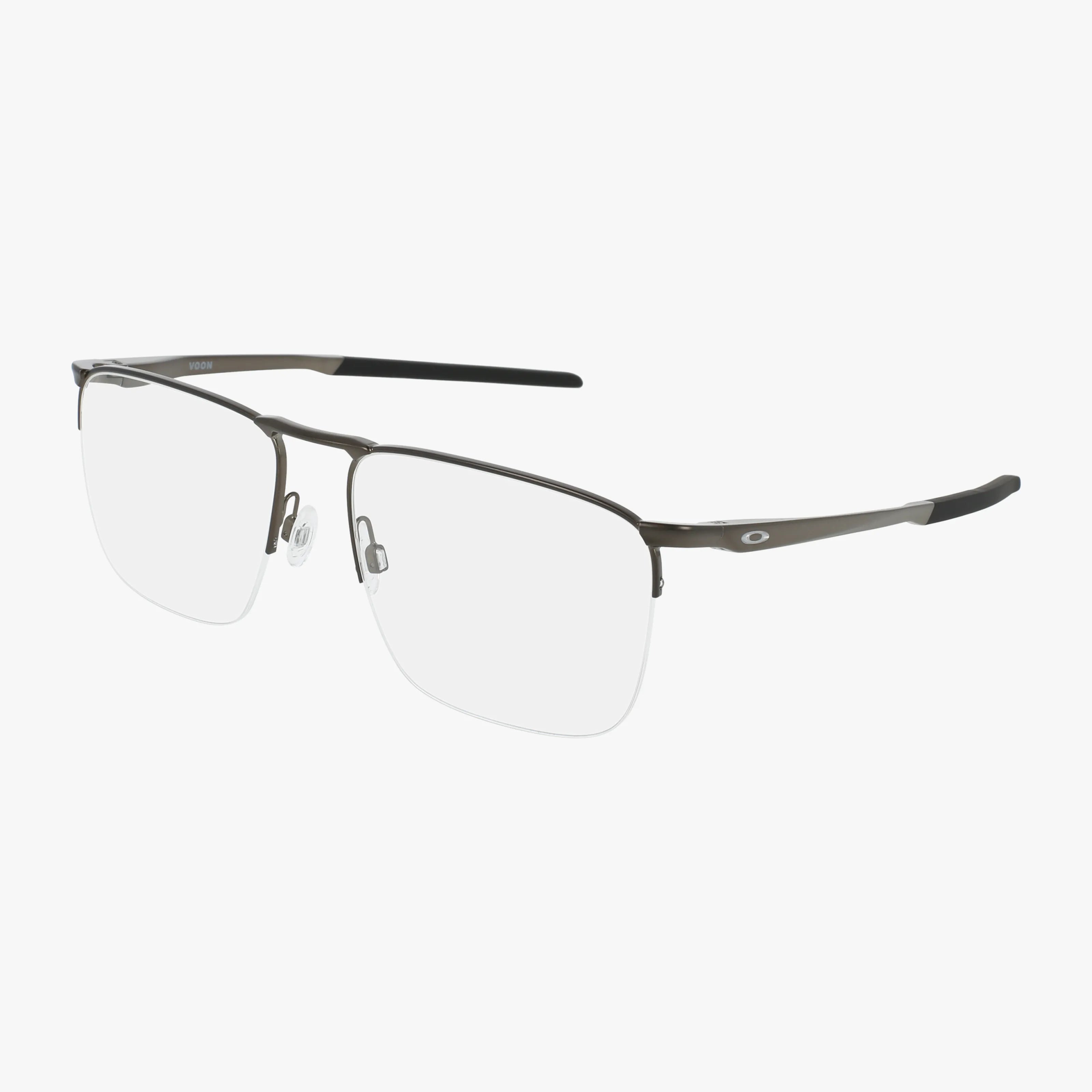 Oakley OX3026 VOON semi-rimless eyeglasses feature thin, rectangular lenses and black temple arms with a subtle Oakley logo—a sporty frame ideal for active lifestyles. Shown against a plain white background.