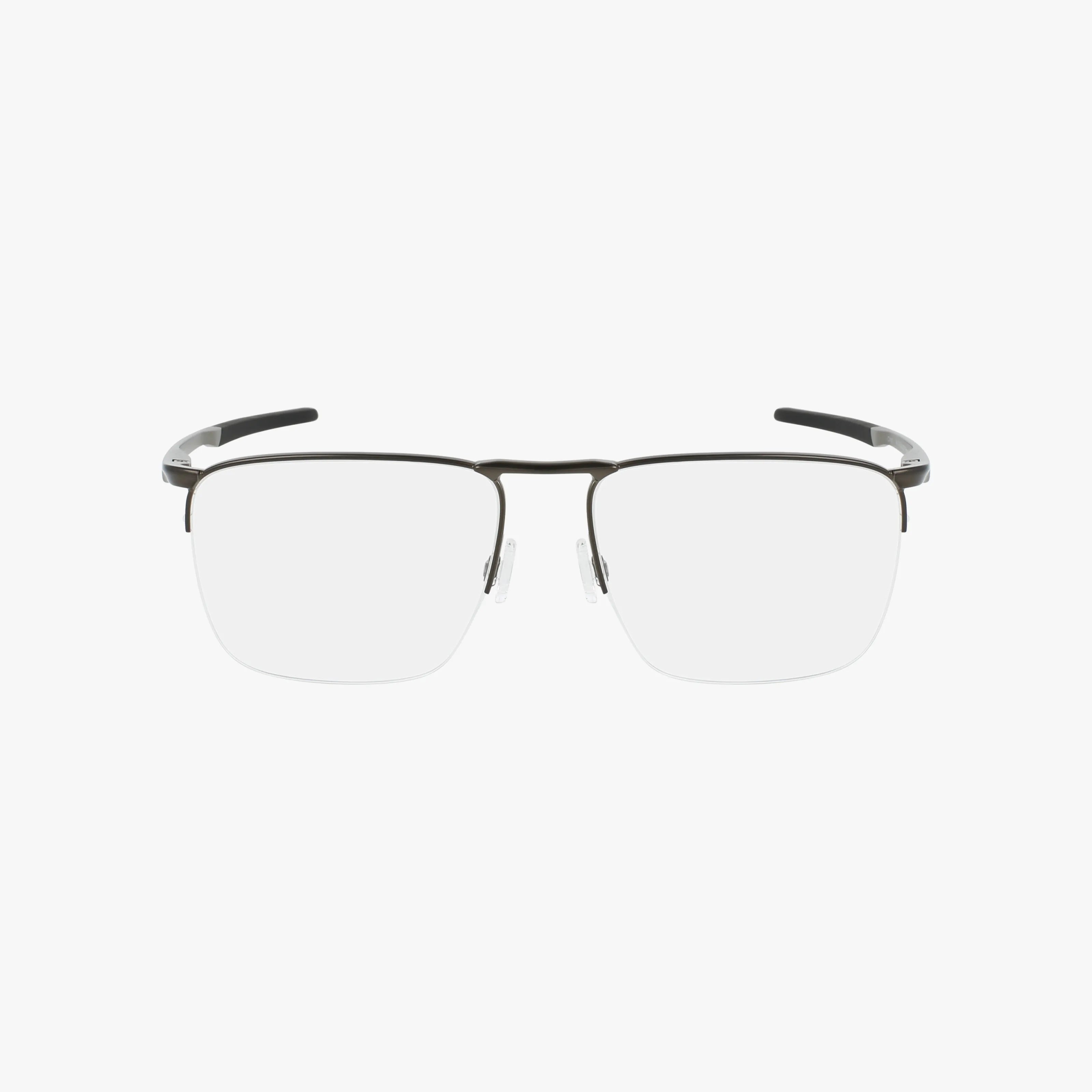 The Oakley OX3026 VOON features rectangular, semi-rimless eyeglasses with a thin dark metal frame and black temple tips—sporty and ideal for active lifestyles. Displayed on a plain white background.