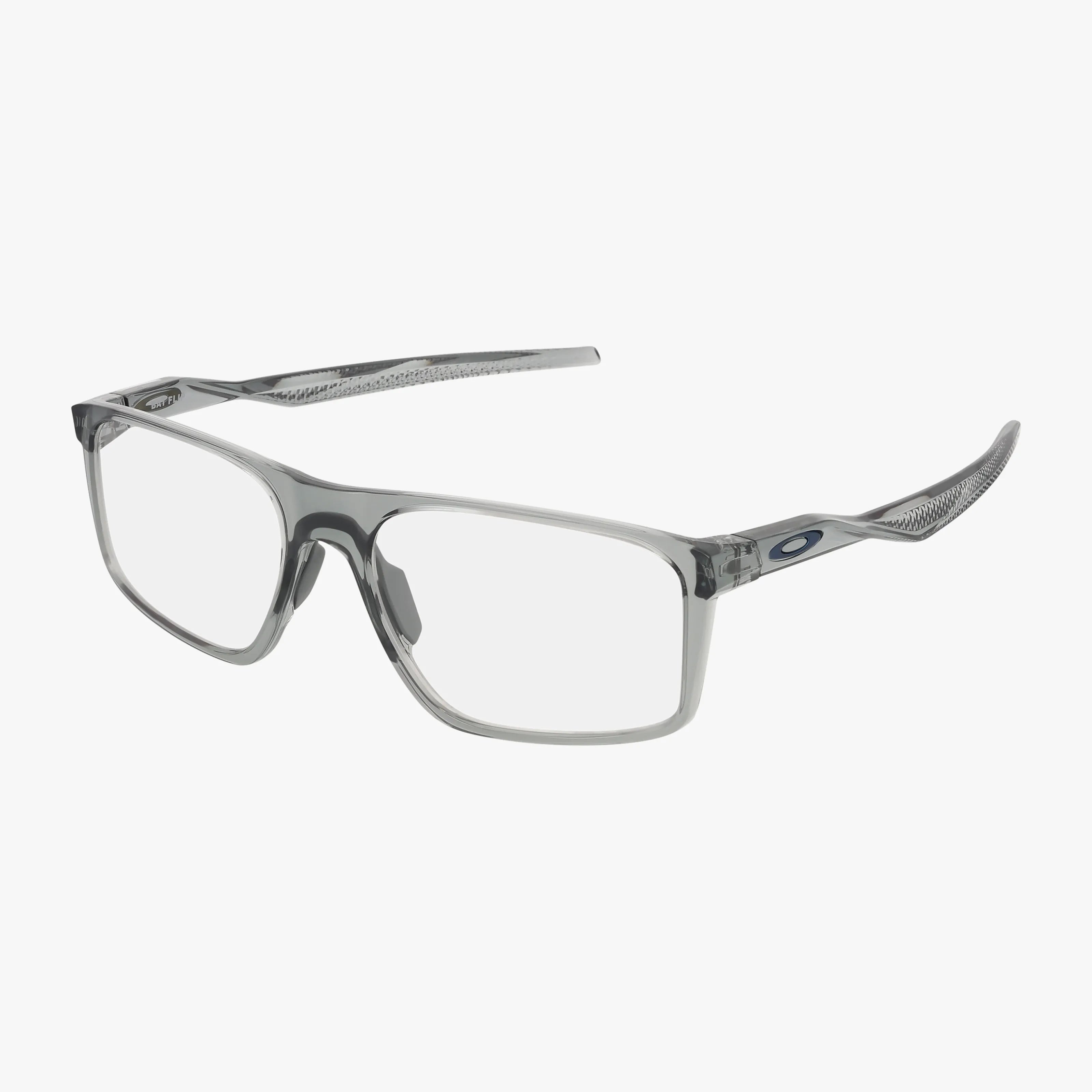 Oakley OX8183 BAT FLIP eyeglasses feature a rectangular shape, clear lenses, a durable transparent gray plastic frame, textured temples, and an Oakley logo on the arms, shown against a white background.