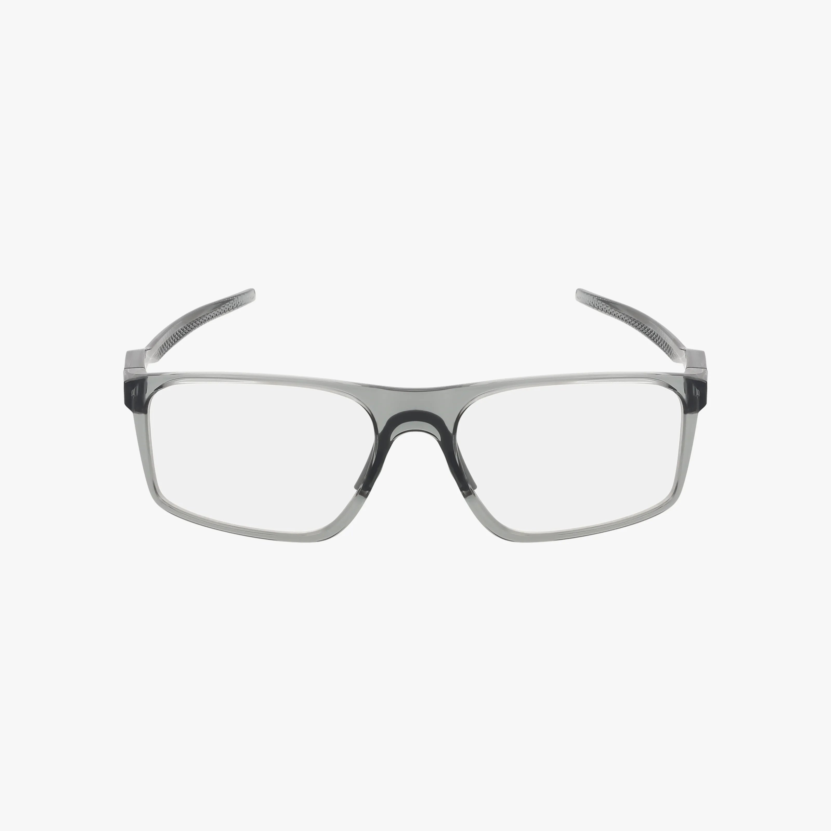 The Oakley OX8183 BAT FLIP features gray rectangular eyeglasses with clear lenses, a durable frame, straight arms, and a keyhole bridge, displayed on a plain white background.