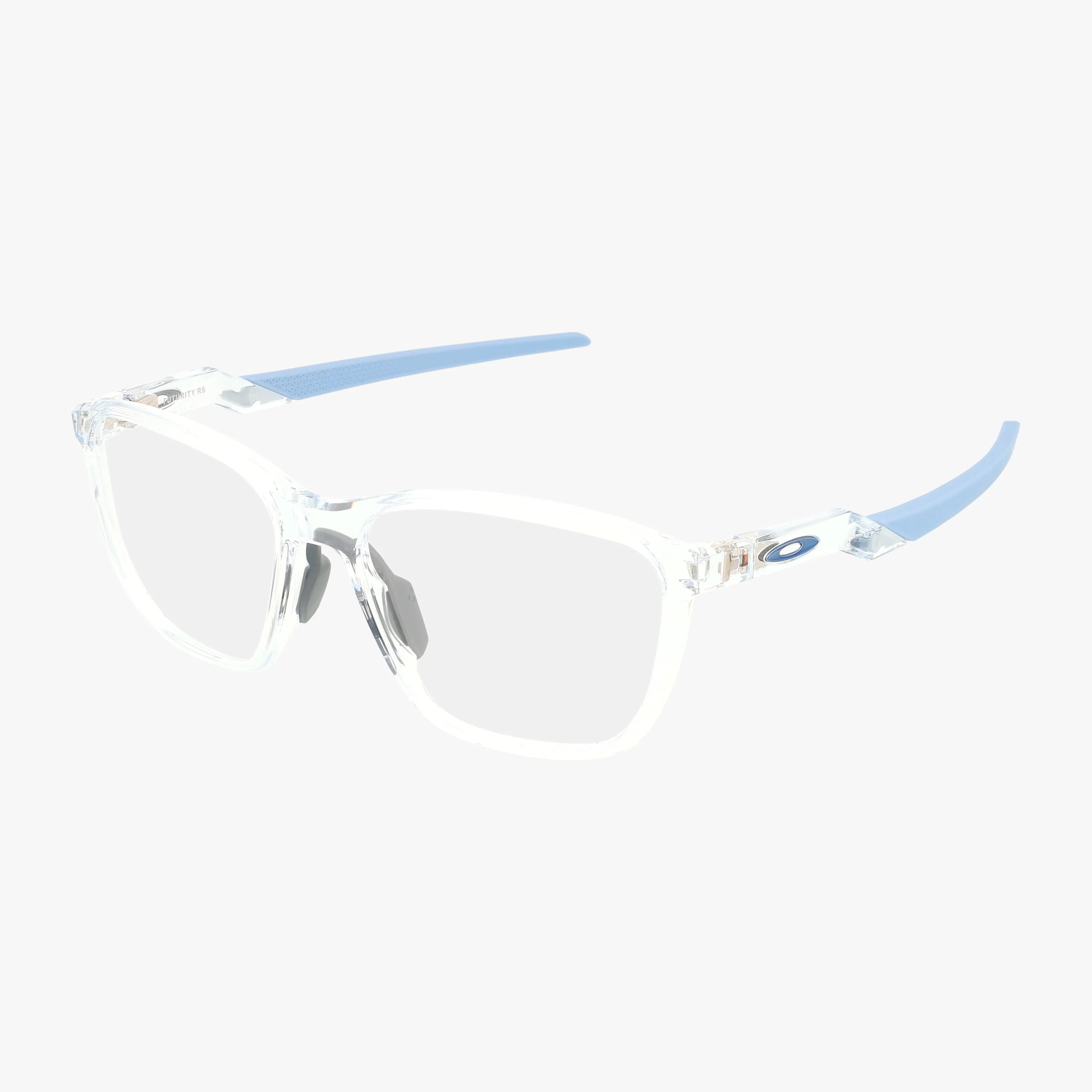 The Oakley OX8186 FUTURITY RS eyeglasses feature clear, contemporary rectangular frames with light blue temples and a subtle Oakley logo on the side, plus personalized lens options—shown on a white background.