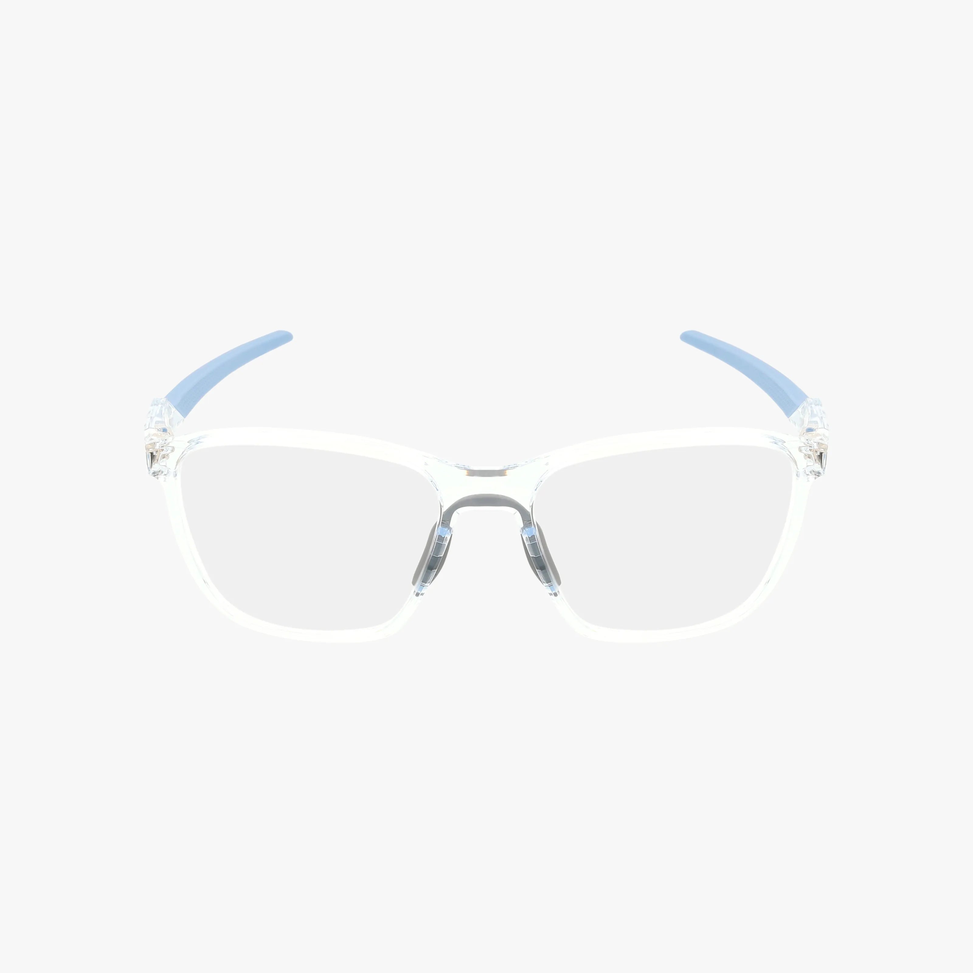 The Oakley OX8186 FUTURITY RS eyeglasses feature large rectangular clear lenses, light blue temple arms, a contemporary frame style, and a personalized lens option, all displayed on a plain white background.