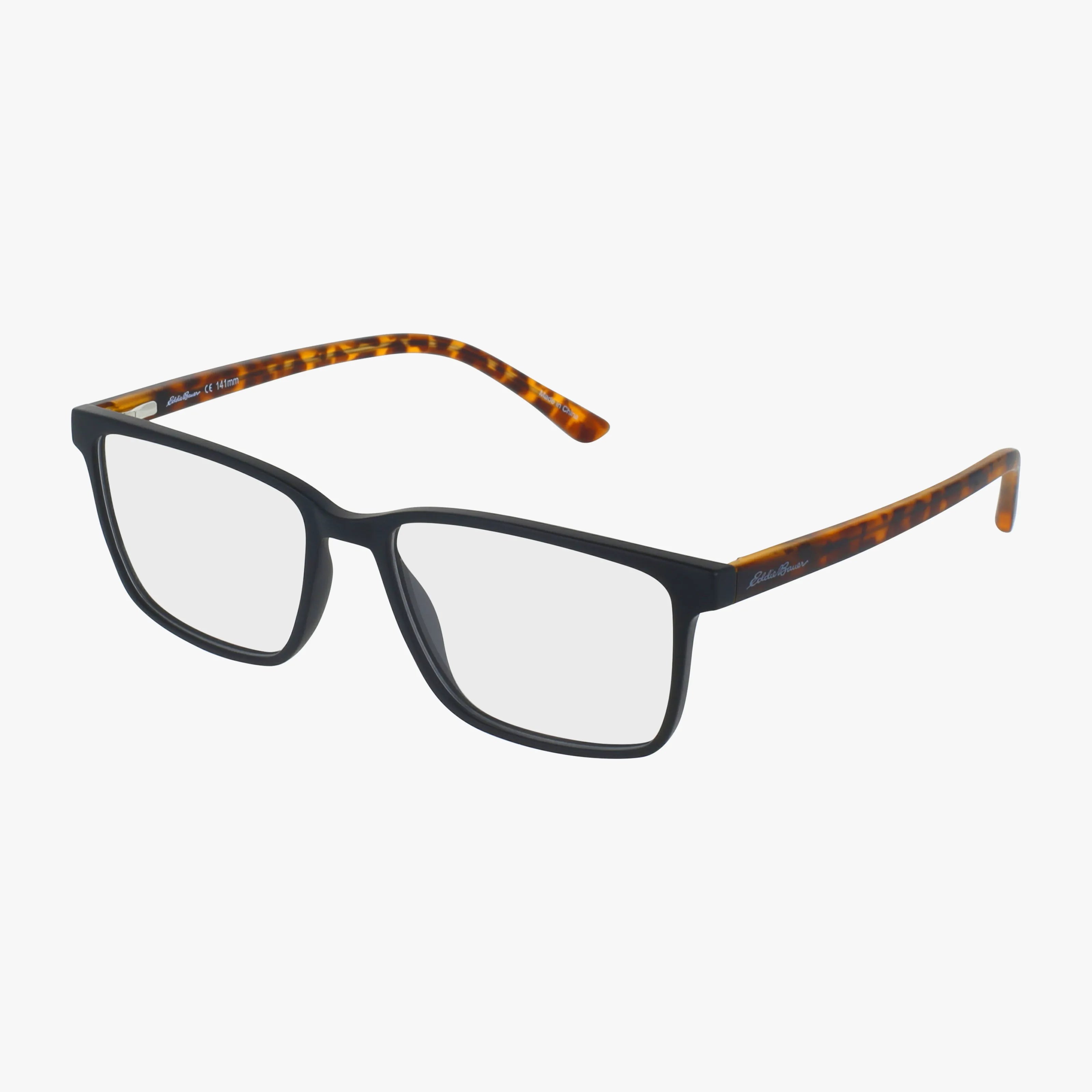 Eddie Bauer EB32036 rectangular eyeglasses feature a stylish frame with black fronts and tortoiseshell-patterned arms, shown against a plain white background.