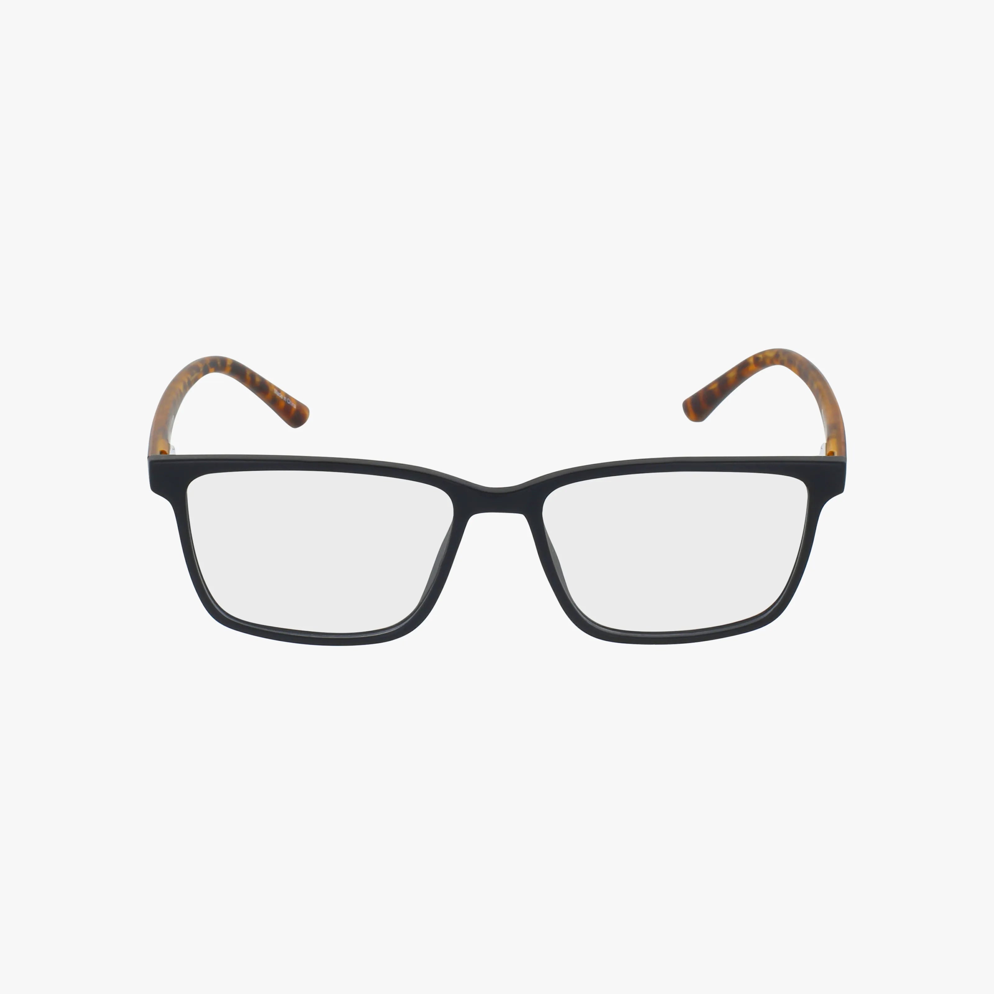 The Eddie Bauer EB32036 eyeglass frames feature rectangular black rims and brown tortoiseshell-patterned temple tips, displayed on a plain white background.