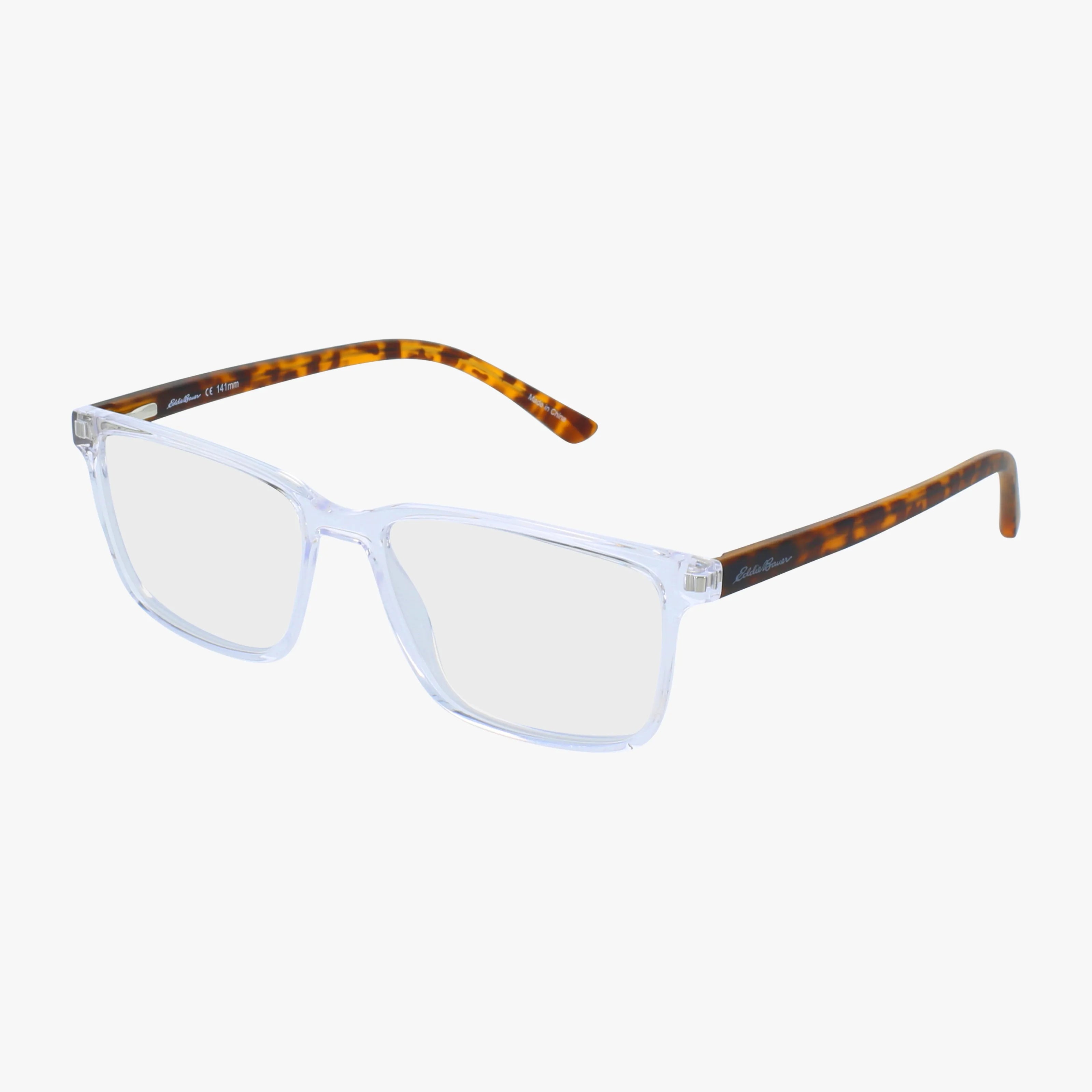The Eddie Bauer EB32036 features rectangular eyeglass frames with clear fronts and tortoiseshell-patterned arms, shown on a white background—perfect for Transitions lenses.