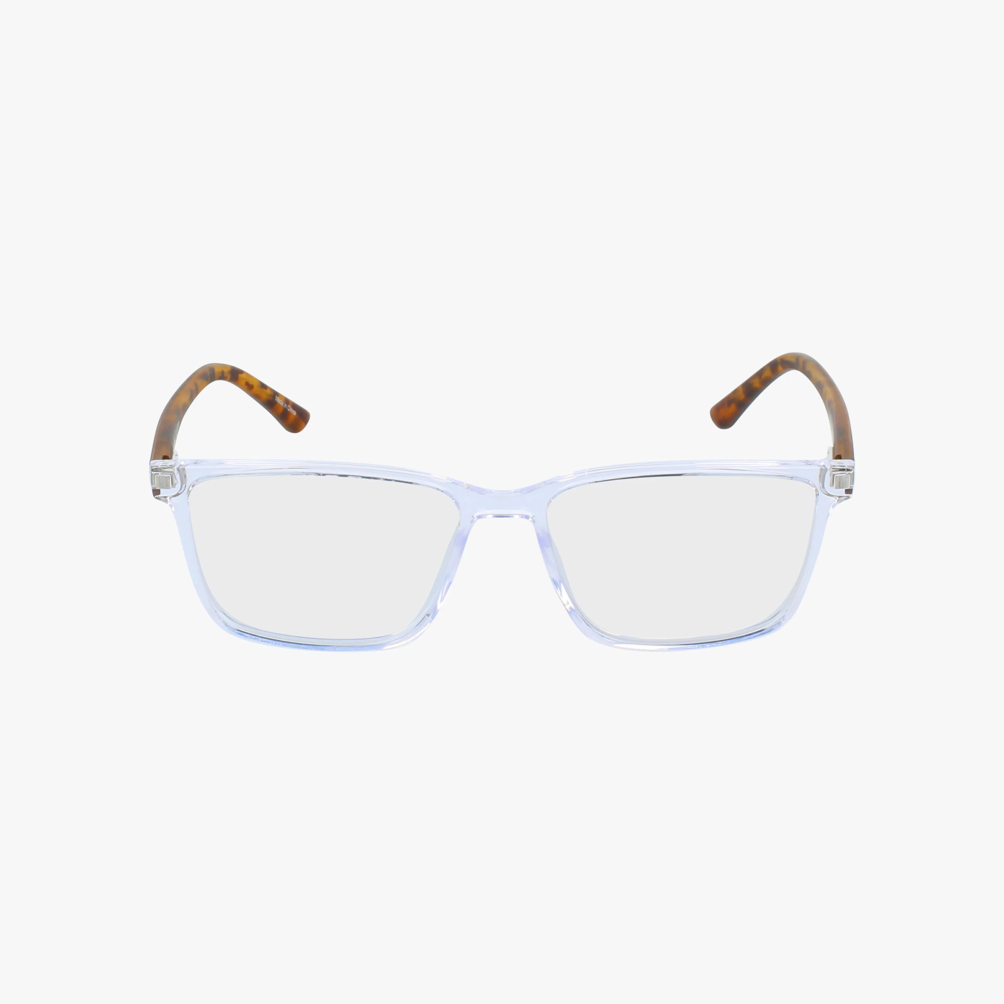 Eddie Bauer EB32036 clear rectangular eyeglasses feature transparent frames and brown tortoiseshell-patterned temple tips, displayed on a plain white background.