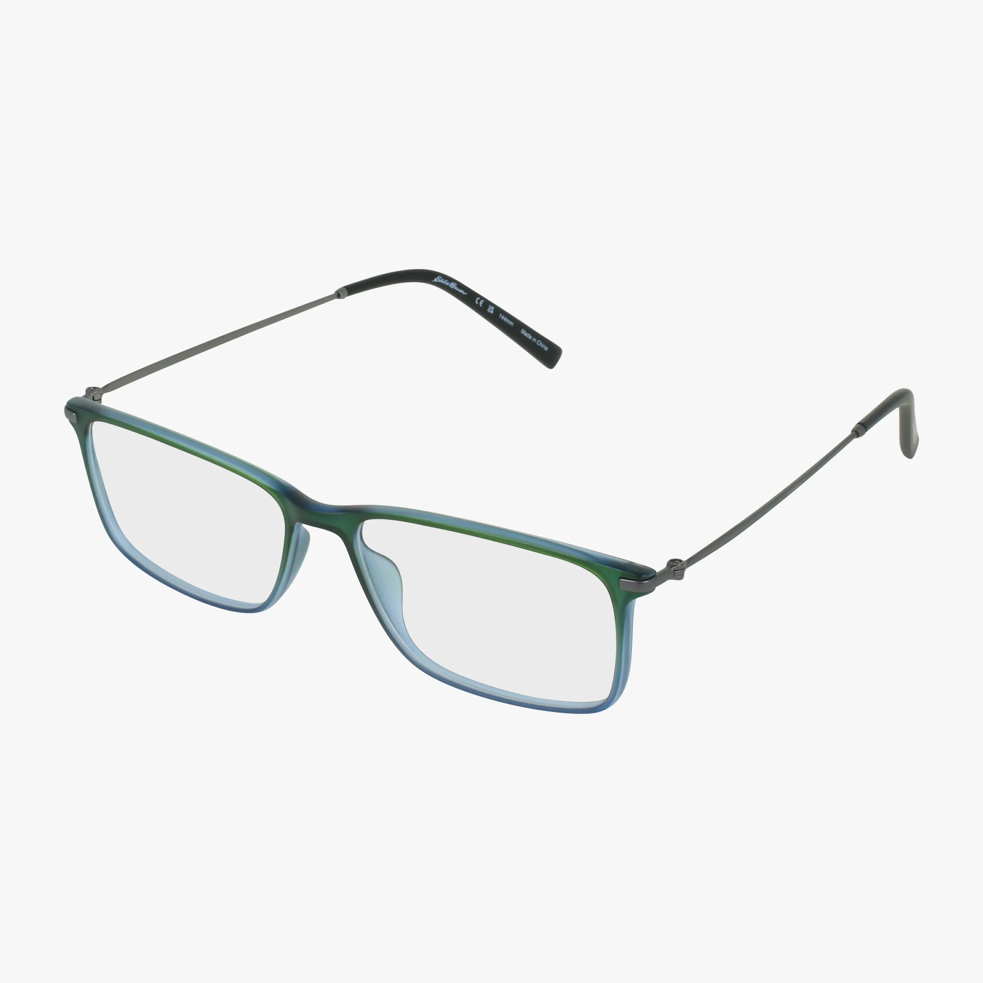 Eddie Bauer EB32052 rectangular eyeglasses feature thin metal arms and a refined green gradient plastic frame, shown on a white background.