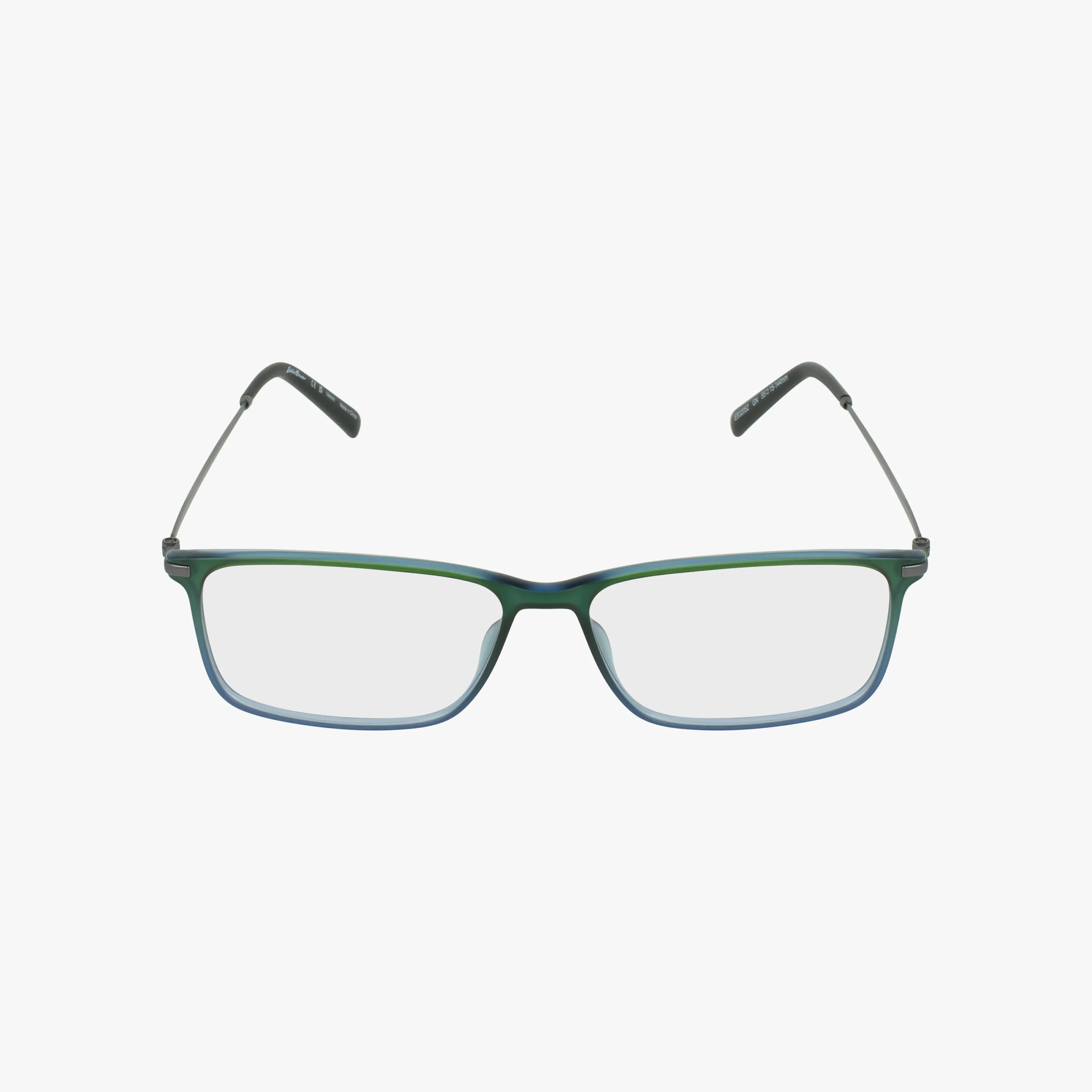 The Eddie Bauer EB32052 features rectangular eyeglasses with a gradient frame fading from green to blue, thin metal arms, and black tips, all showcased on a white background.