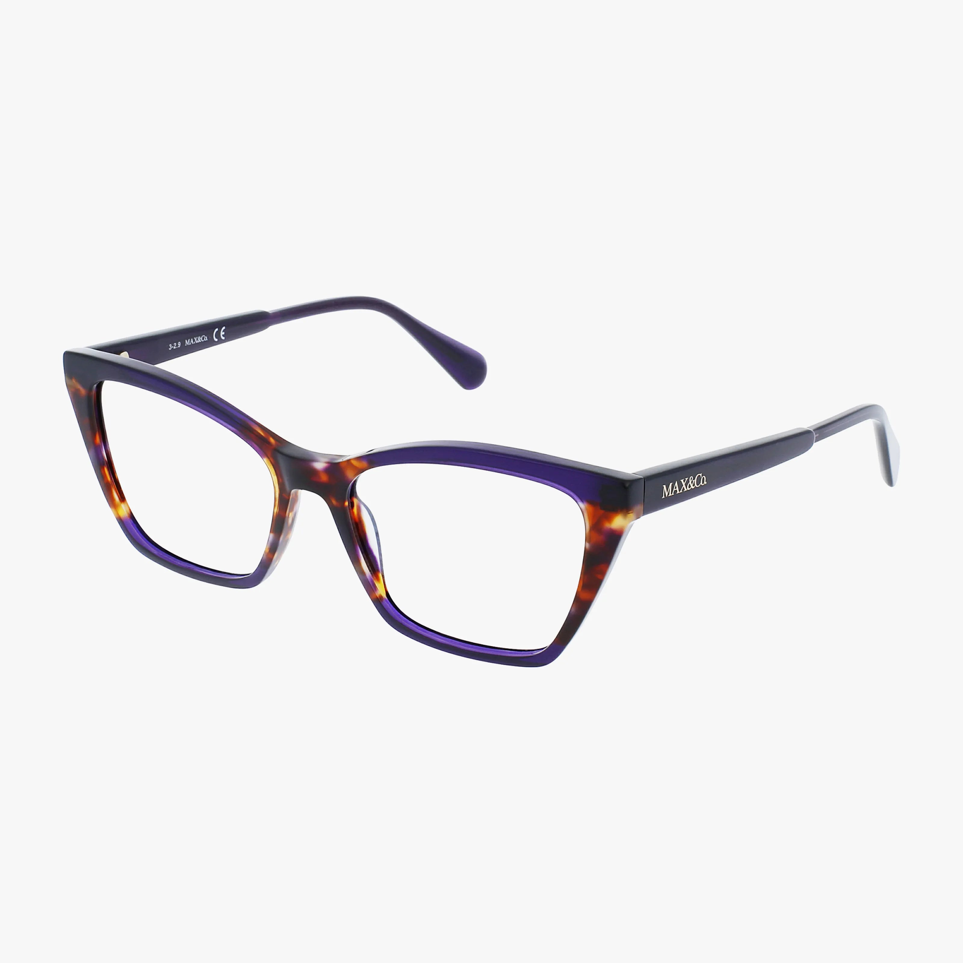 Max & Co MO5001 eyeglasses feature a stylish brown and purple tortoiseshell pattern with unique rectangular, slightly cat-eye frames. Shown on white background. Prescription lenses available.