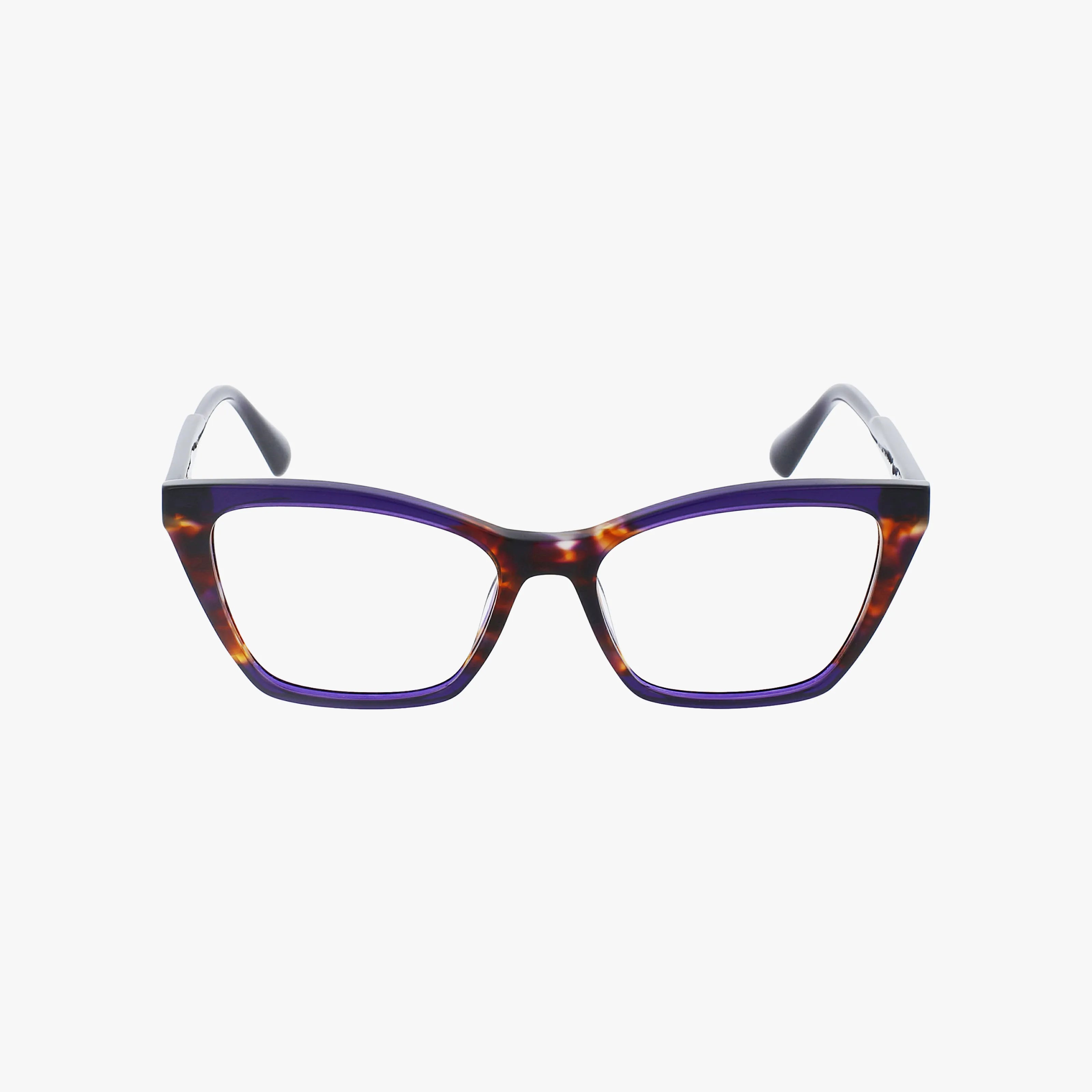 The Max & Co MO5001 cat-eye eyeglasses feature a unique tortoiseshell brown and dark purple frame, displayed against a plain white background.