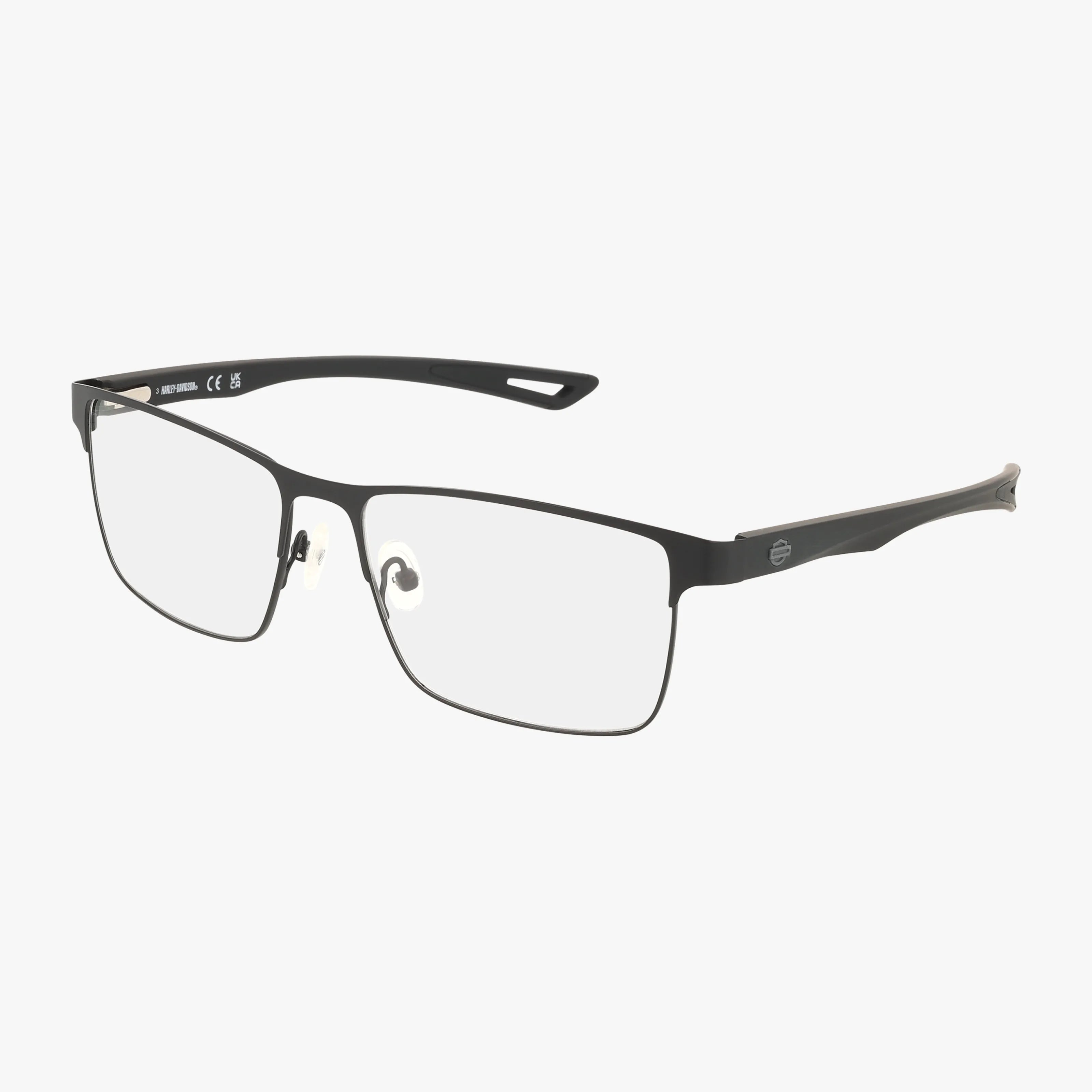Harley Davidson HD0880 eyeglasses feature a black rectangular design with thin gunmetal matte frames, clear lenses, and adjustable nose pads, displayed on a white background.