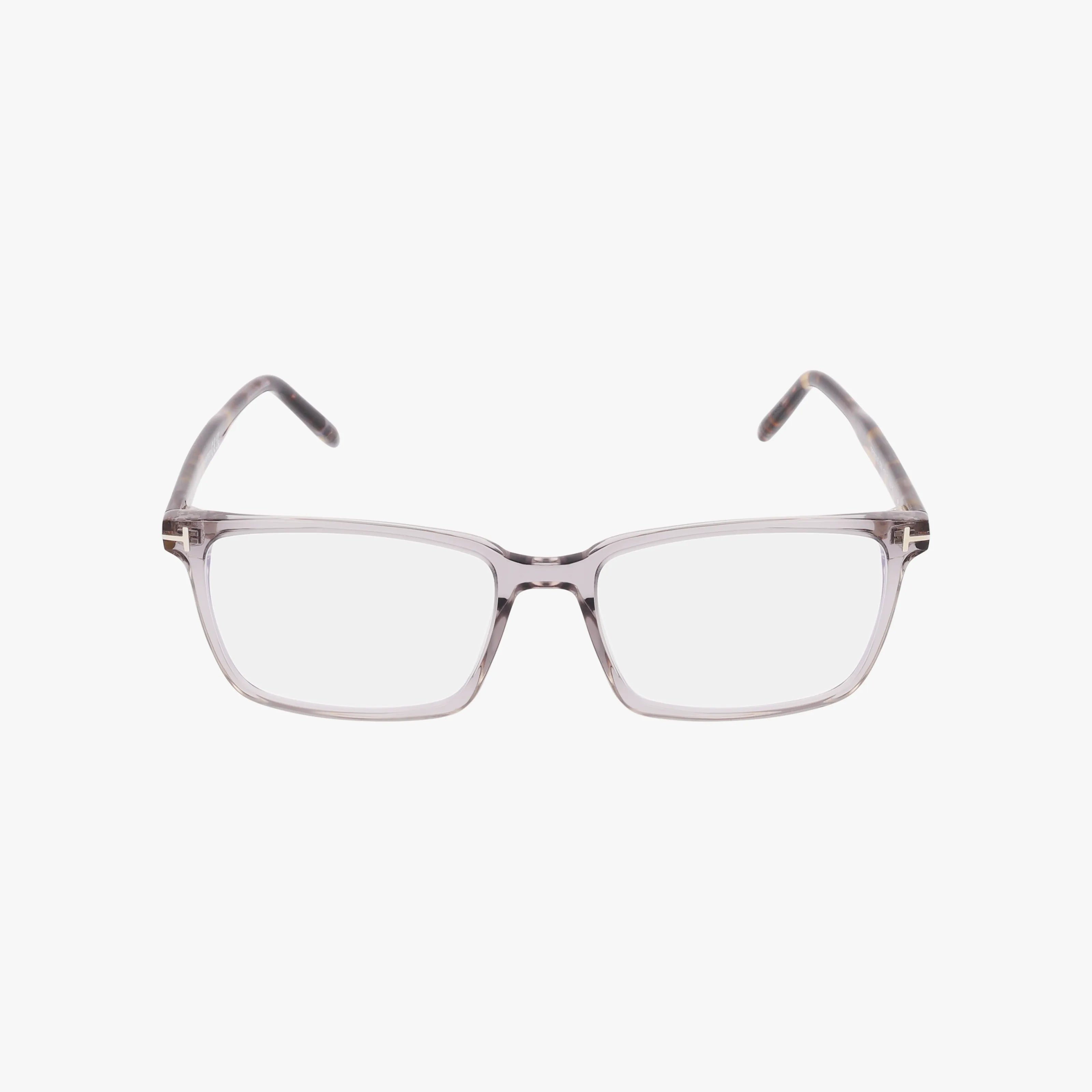 The Tom Ford FT5802-B features rectangular transparent gray frames, shown facing forward on a plain white background—a classic and stylish eyewear choice.