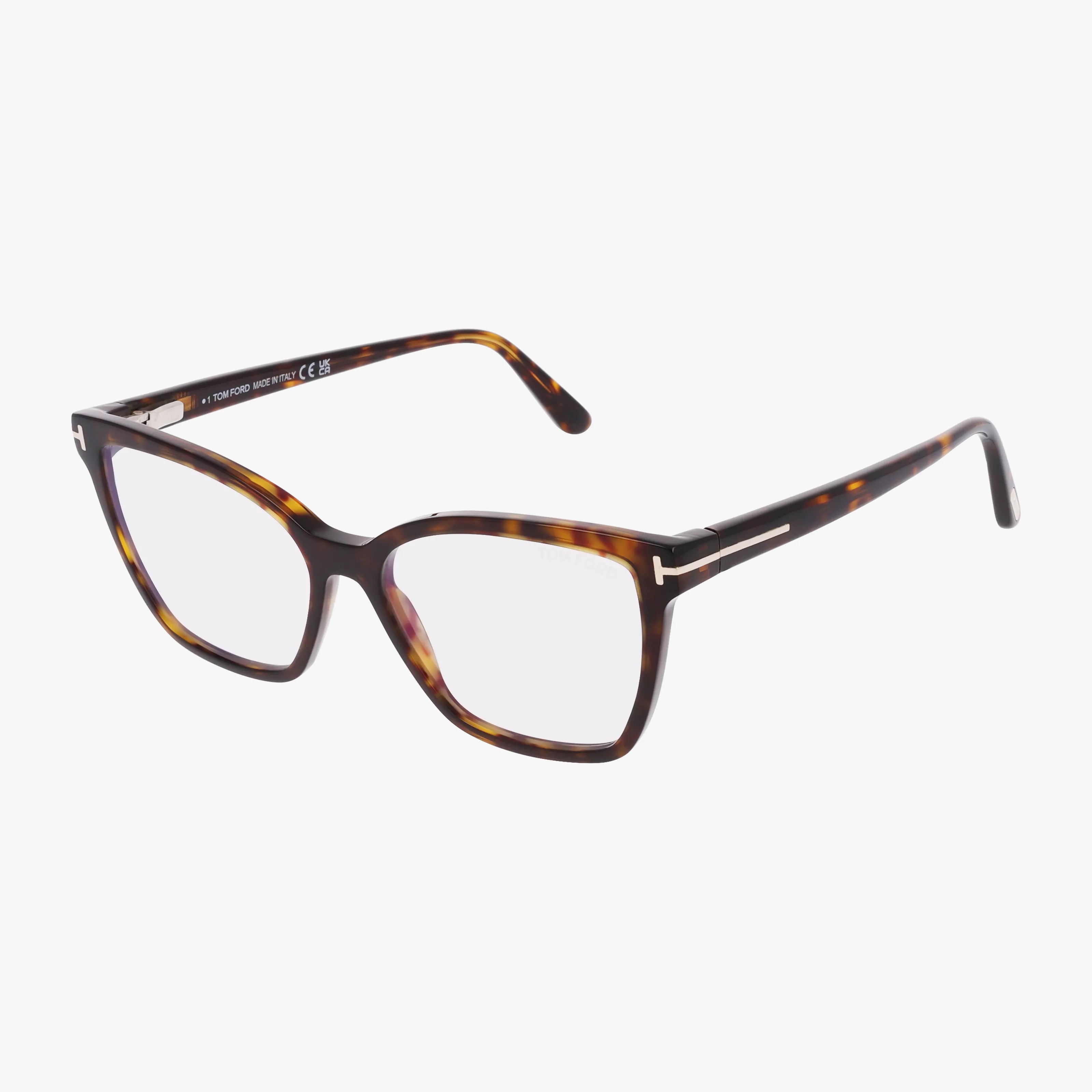 Tom Ford FT5812B eyeglasses in tortoise with rectangular lenses and metal arm accents feature a contemporary frame, shown on a white background.