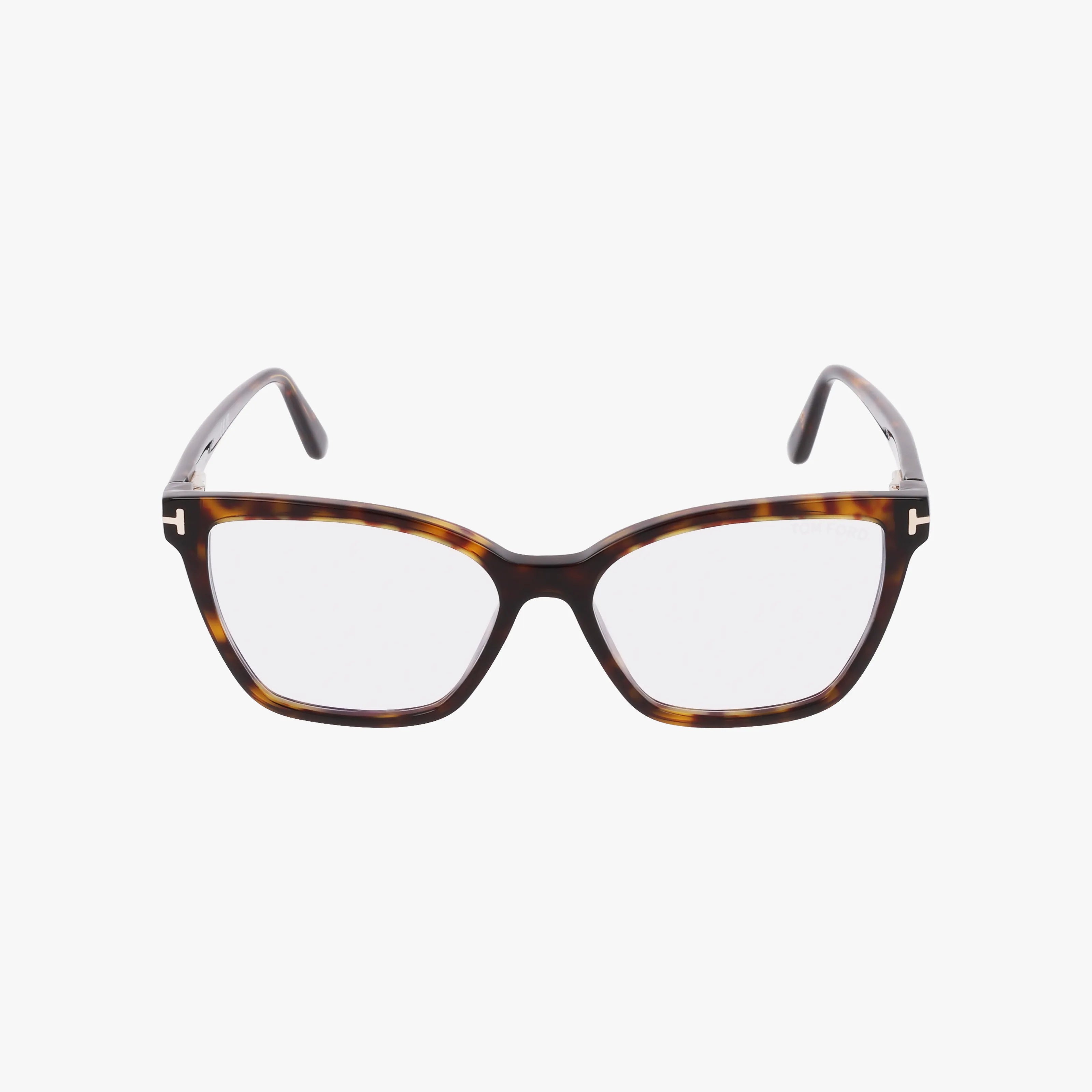 Front view of Tom Ford FT5812B rectangular eyeglasses with brown tortoiseshell frames, clear lenses, and silver T accents on each hinge against a plain white background.