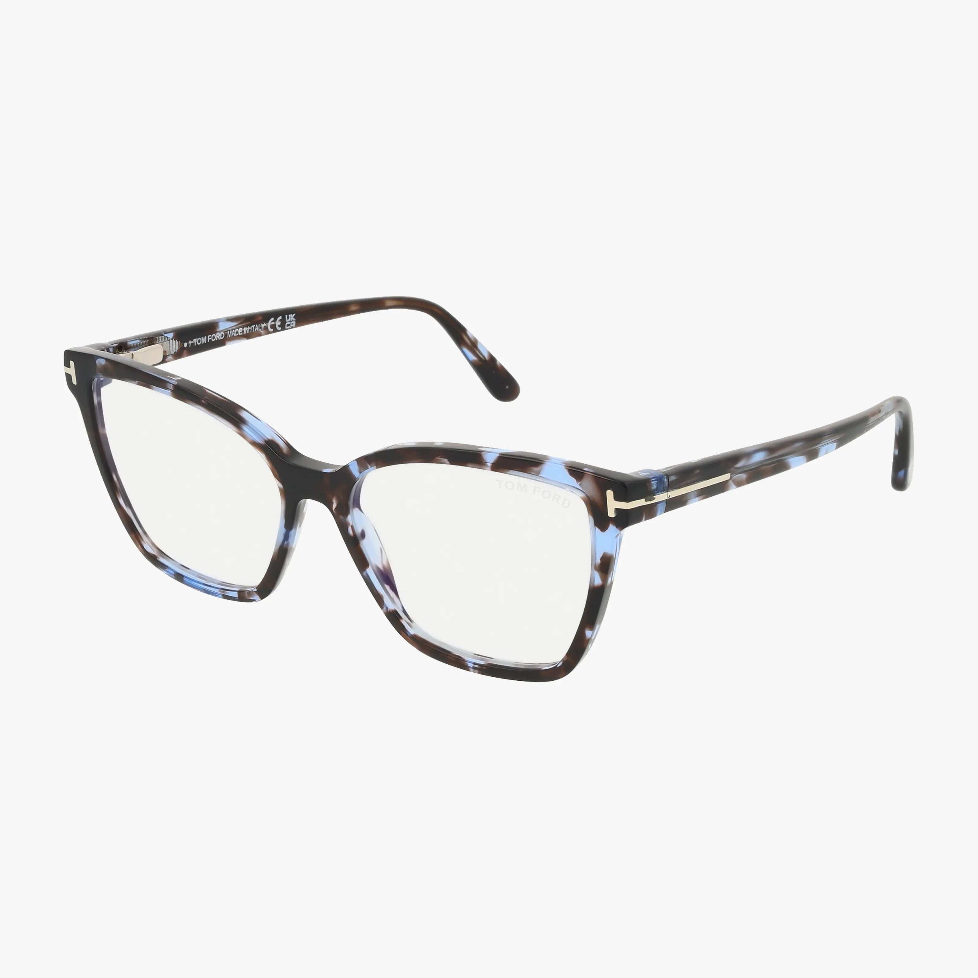 The Tom Ford FT5812-B features rectangular blue and black tortoiseshell frames with clear lenses and thin arms, showcased on a white background.