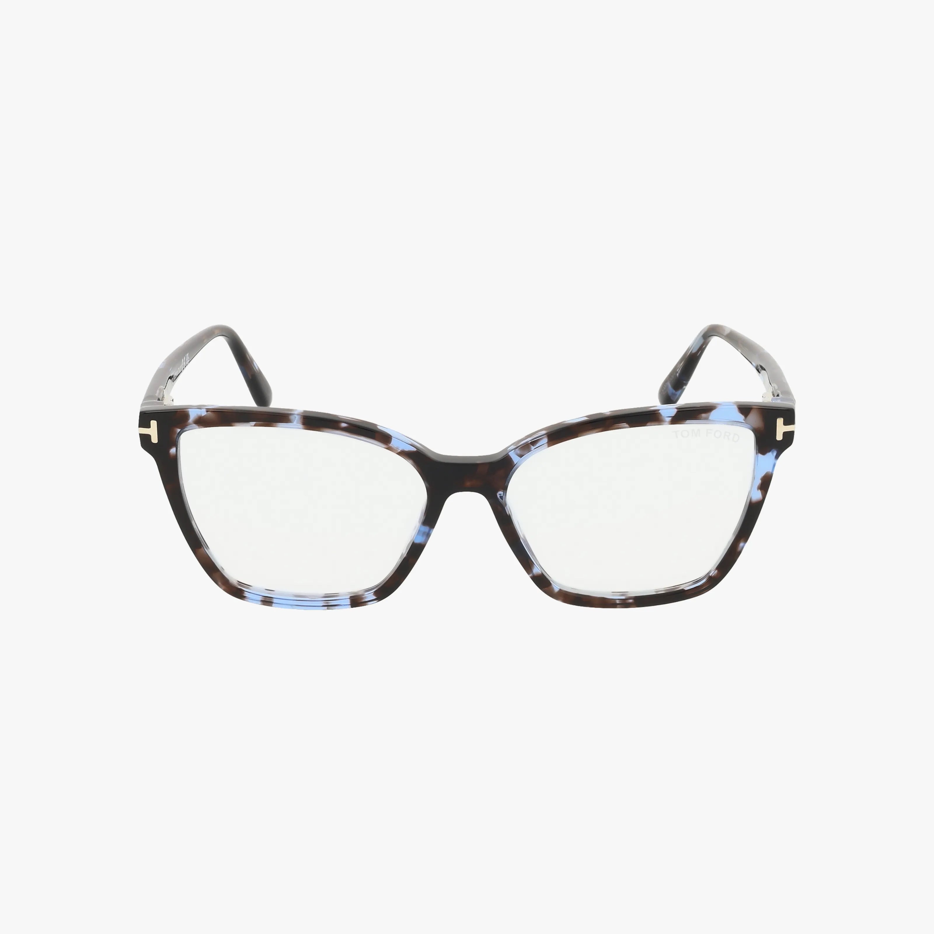 The Tom Ford FT5812-B eyewear features a modern rectangular tortoiseshell frame with dark brown and light blue accents, plus gold detailing on the temples, shown on a white background.