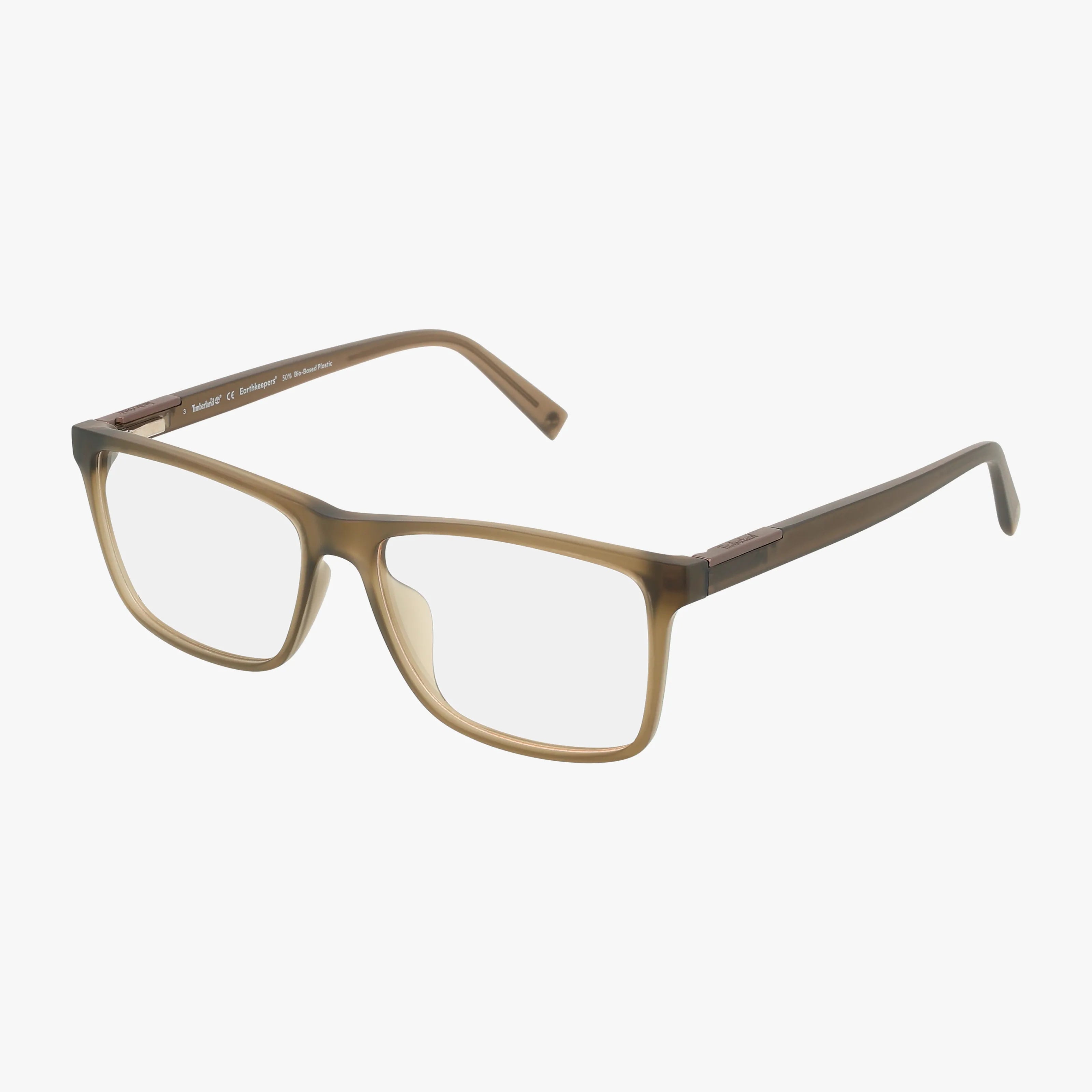 The Timberland TB1759-H features rectangular, brown semi-transparent frames with clear progressive lenses, providing stylish eyewear. Displayed on a white background.