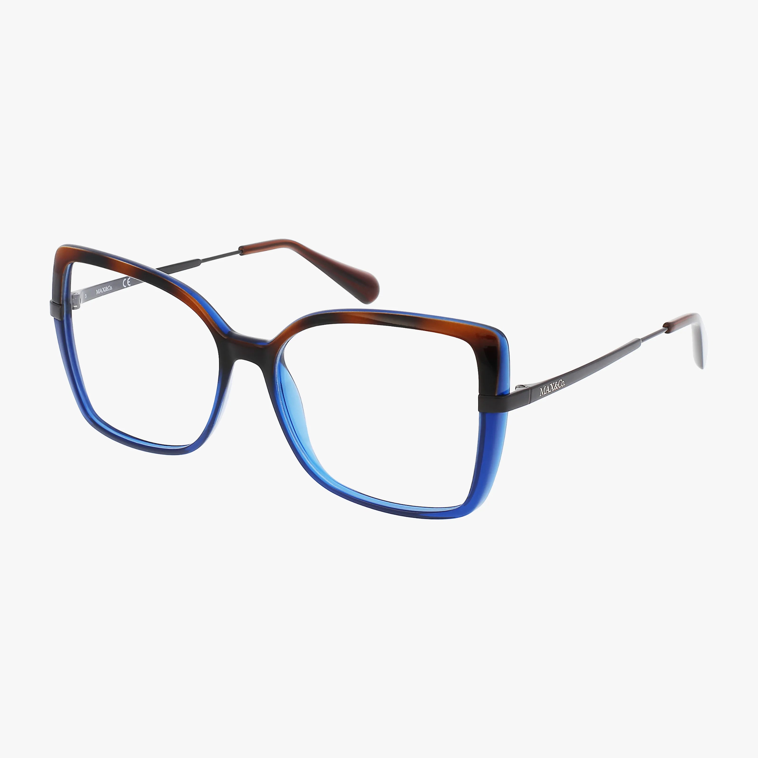 The Max & Co MO5078 features square eyeglasses with a lightweight frame, thin metal arms, and large gradient frames fading from brown to blue—modern eyewear ideal for trendsetters. Displayed on a white background.
