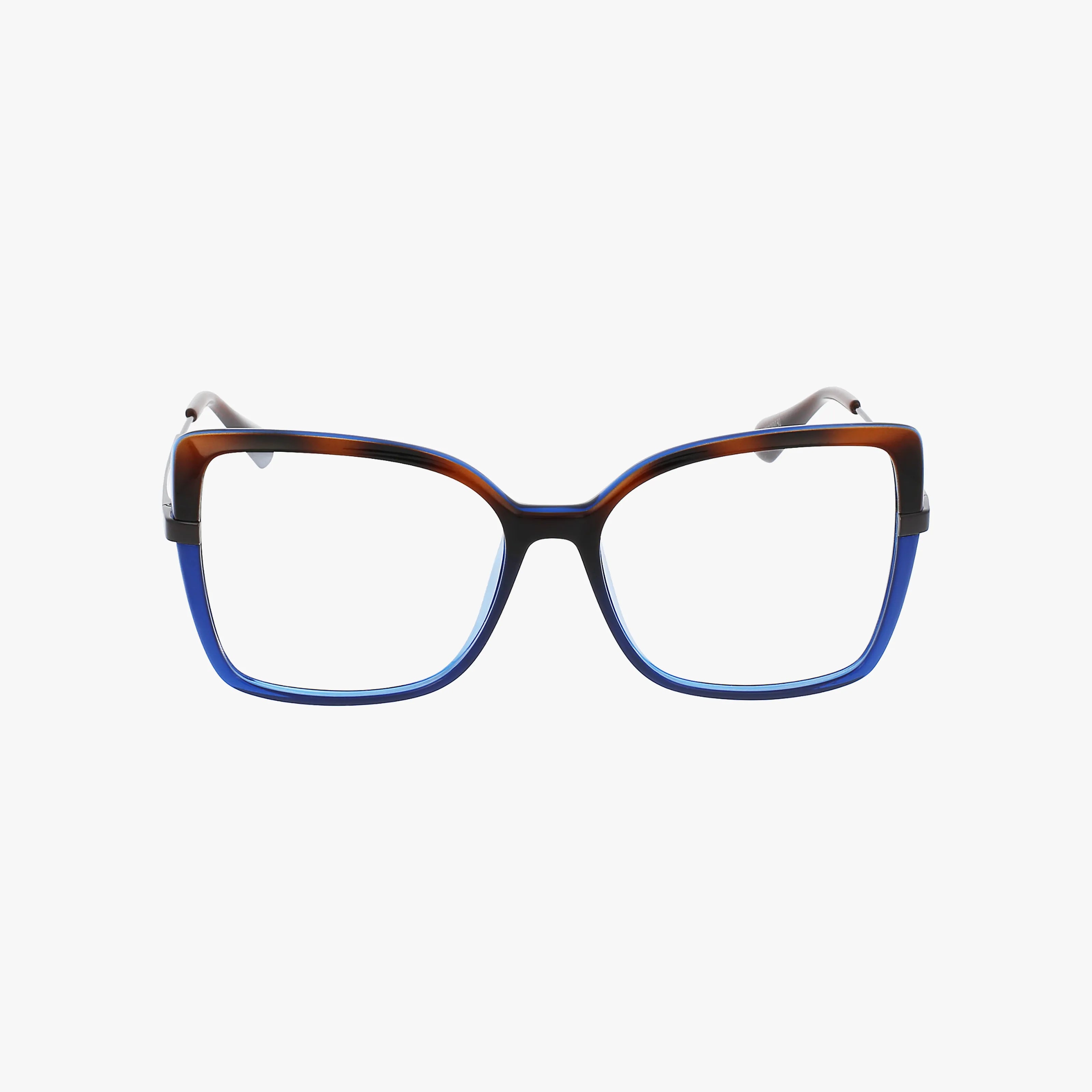 The Max & Co MO5078 features rectangular frames with a thick, lightweight design and a gradient from dark brown to blue—ideal for modern style seekers. Shown on a plain white background.
