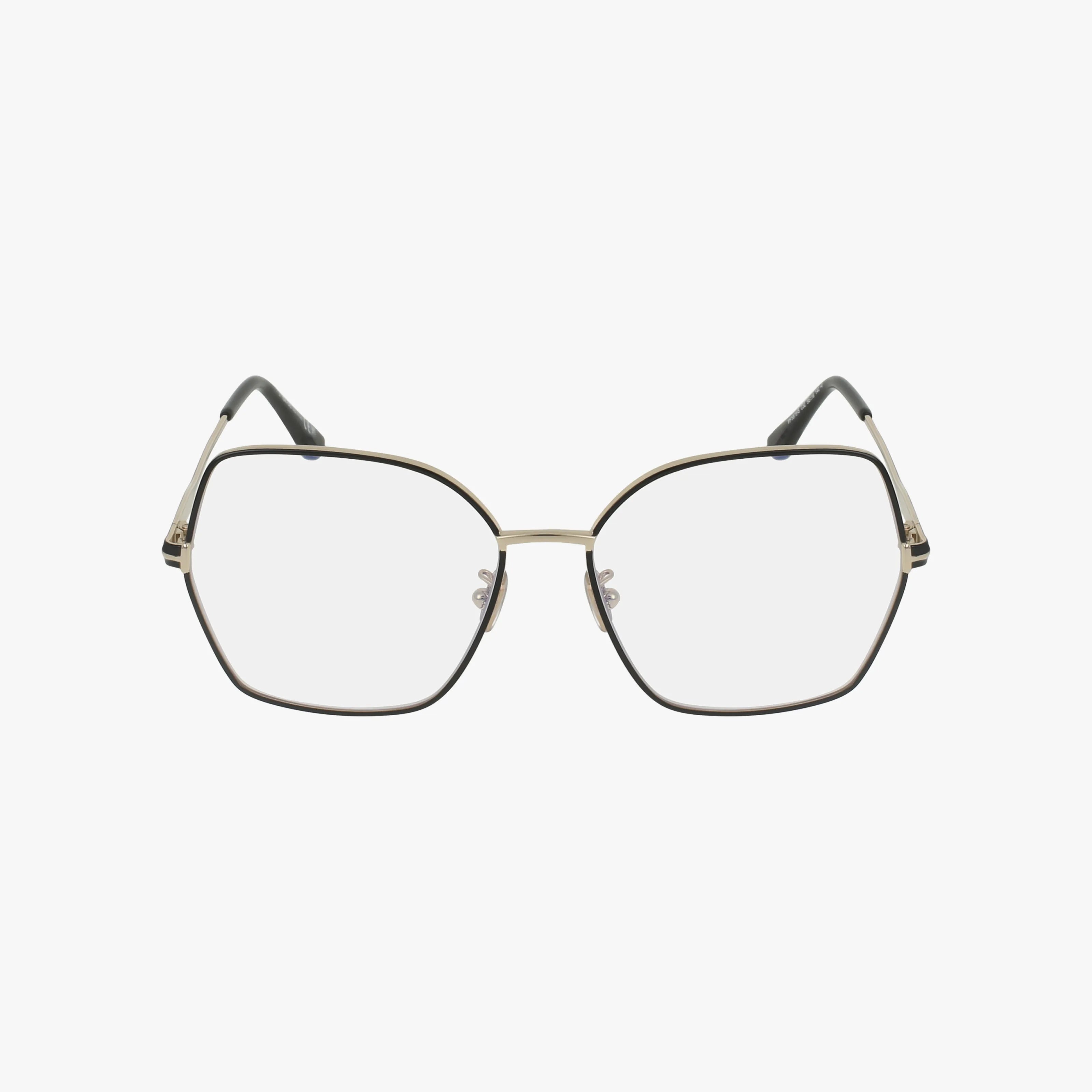 The Tom Ford FT5876-B features 70s-inspired thin gold metal rims and large geometric lenses, shown on a white background—a perfect oversized frame with vintage flair for standout style.