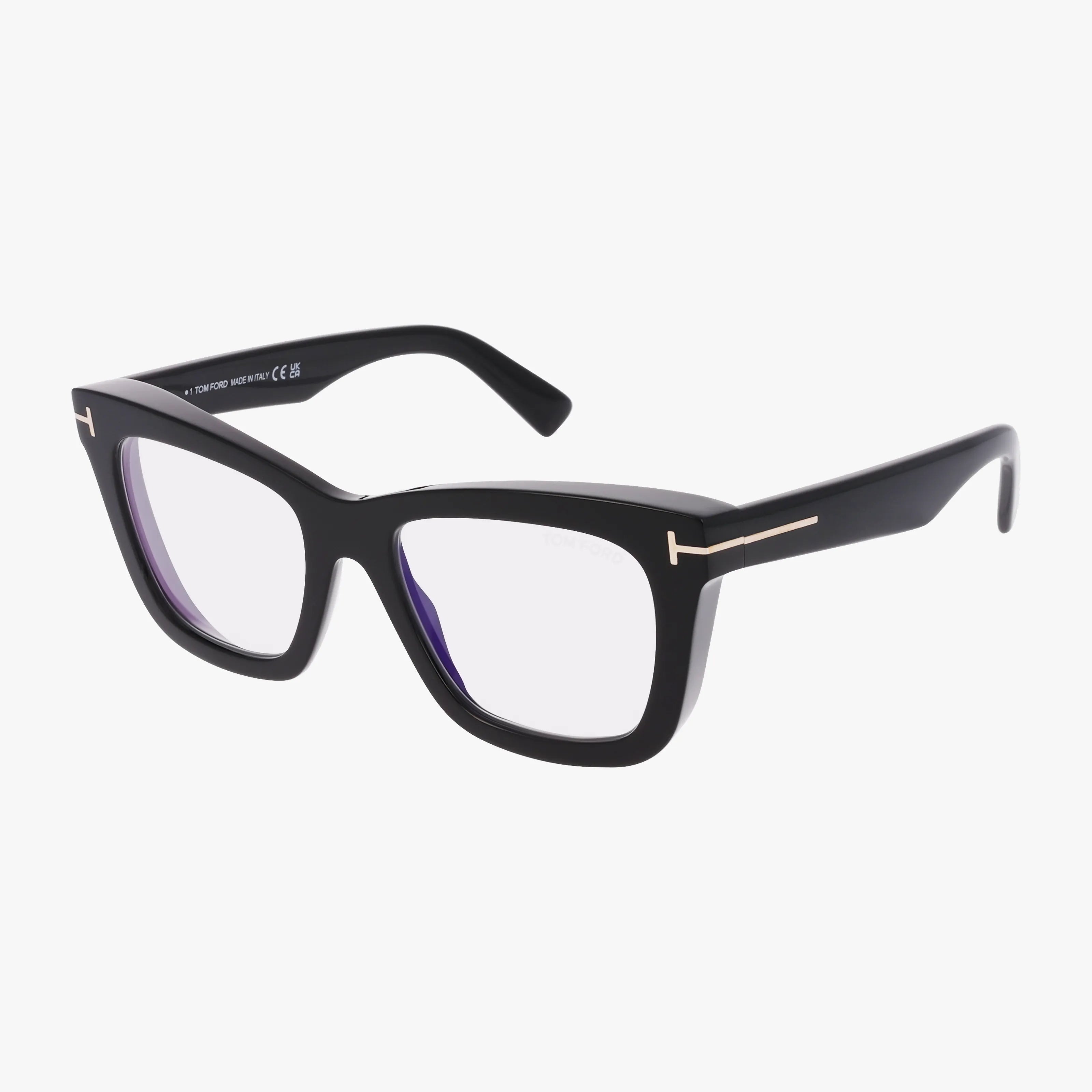 The Tom Ford FT5881-B features black rectangular frames with thick, lightweight design and subtle gold hinge accents. Optional blue light lenses available. Displayed on a white background.