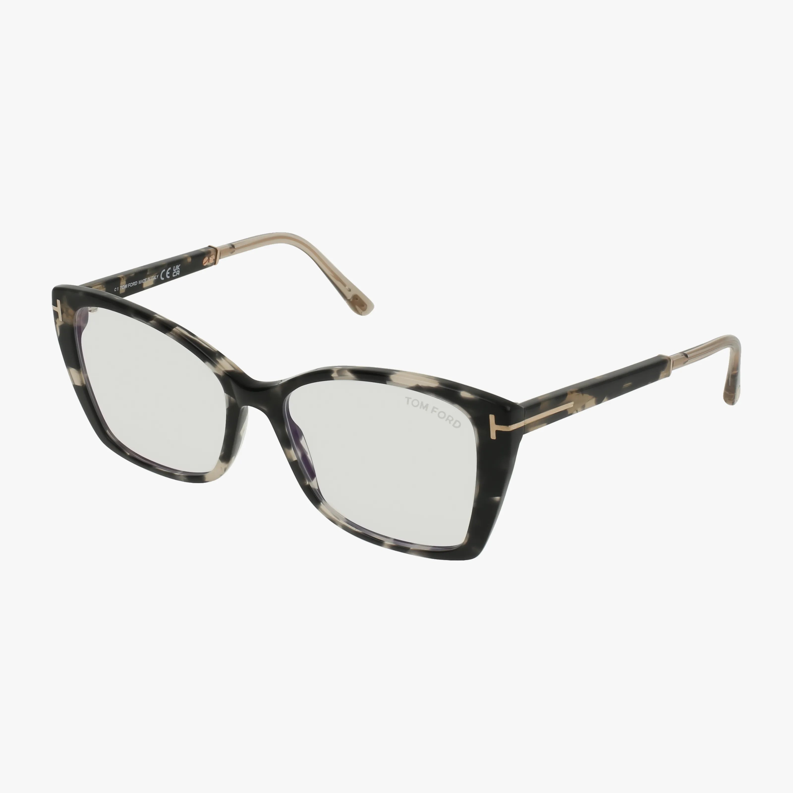 Tom Ford FT5893-B cat-eye eyeglass frames in black and beige tortoiseshell feature gold temples and branded clear prescription lenses, shown on a white background.