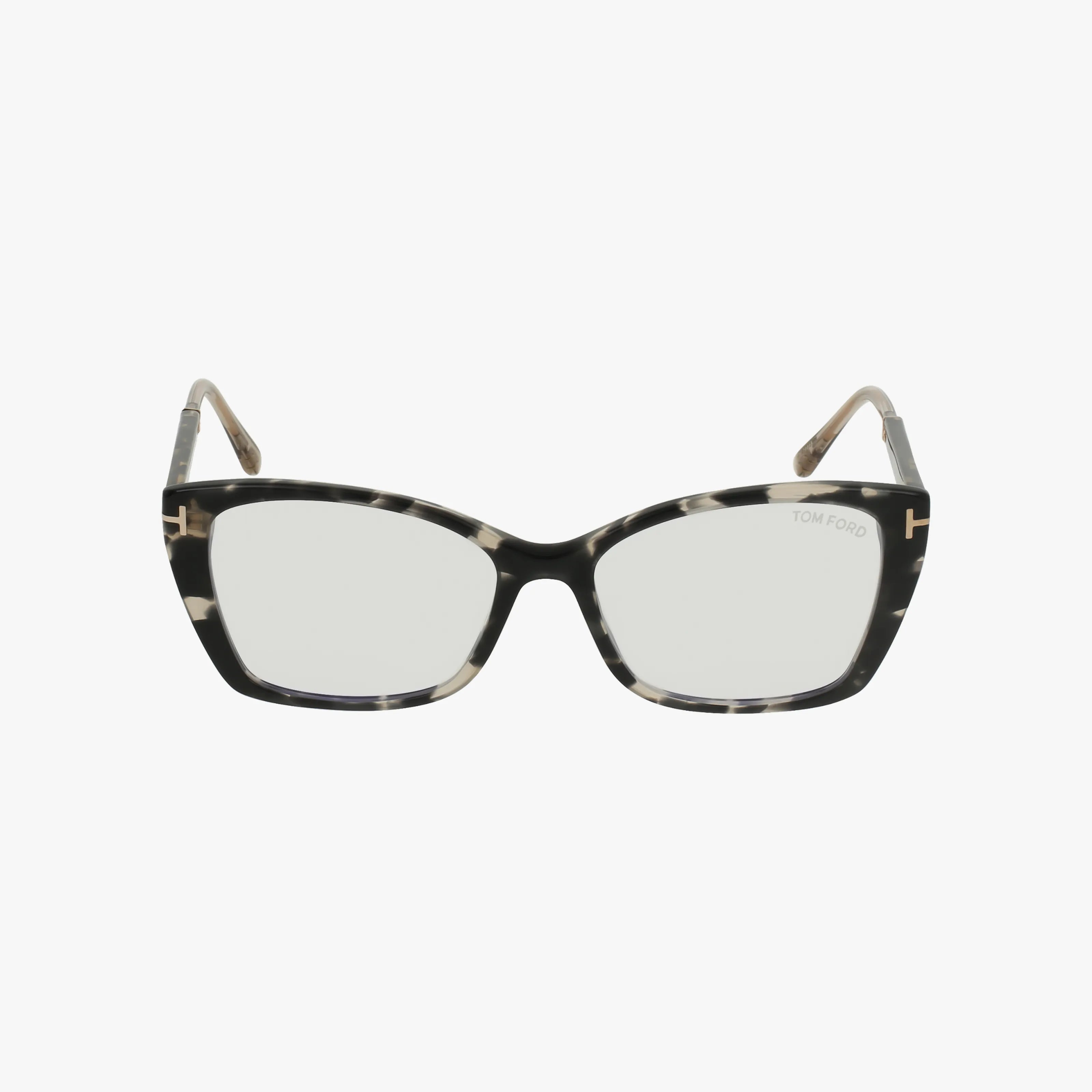 Front view of Tom Ford FT5893-B eyewear featuring a dark tortoiseshell cat-eye frame with clear prescription lenses. The Tom Ford logo appears on the upper corner of the right lens.