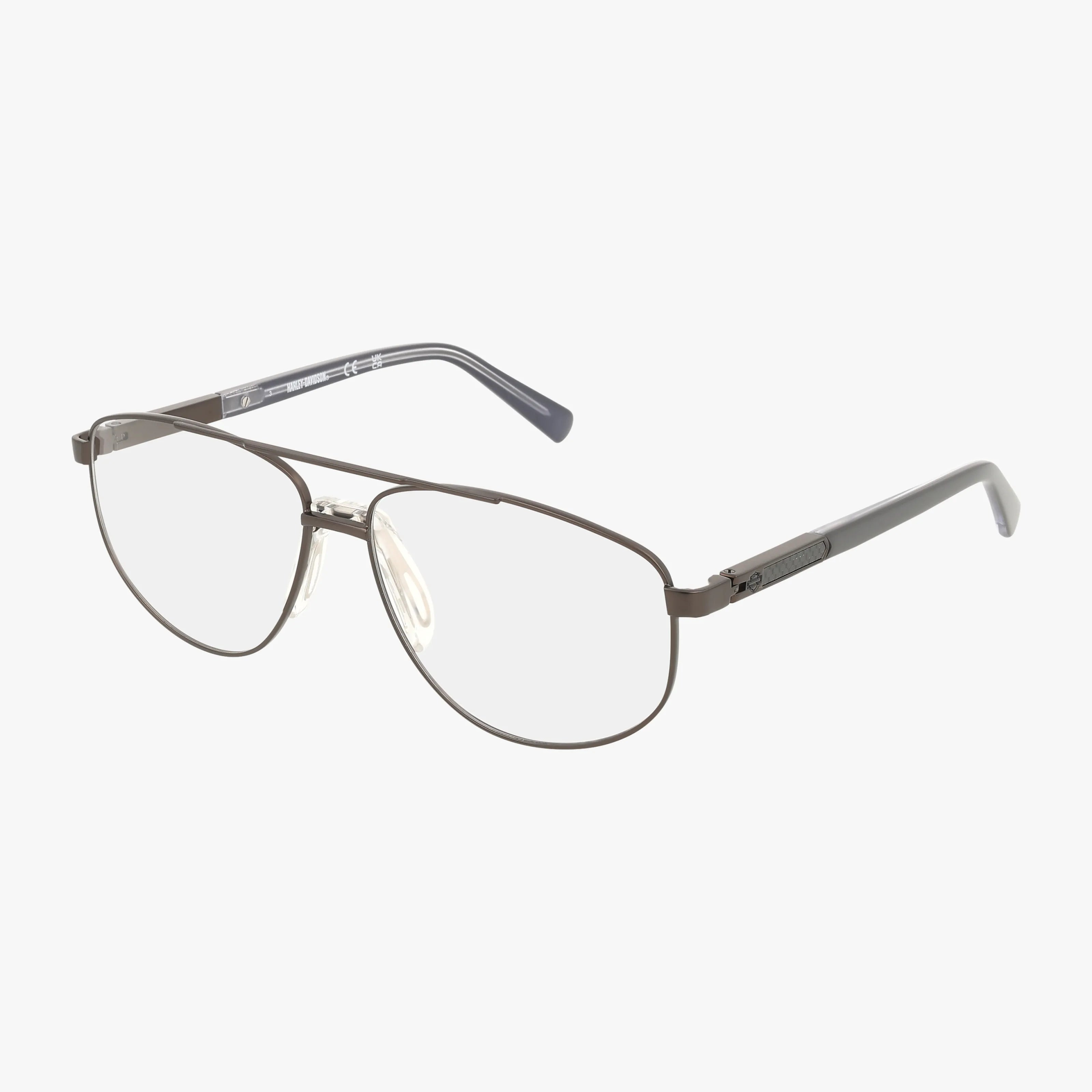 The Harley Davidson HD0977 eyeglasses feature thin metal aviator frames, clear lenses, a double bridge, and straight dark arms for a classic, confident look.