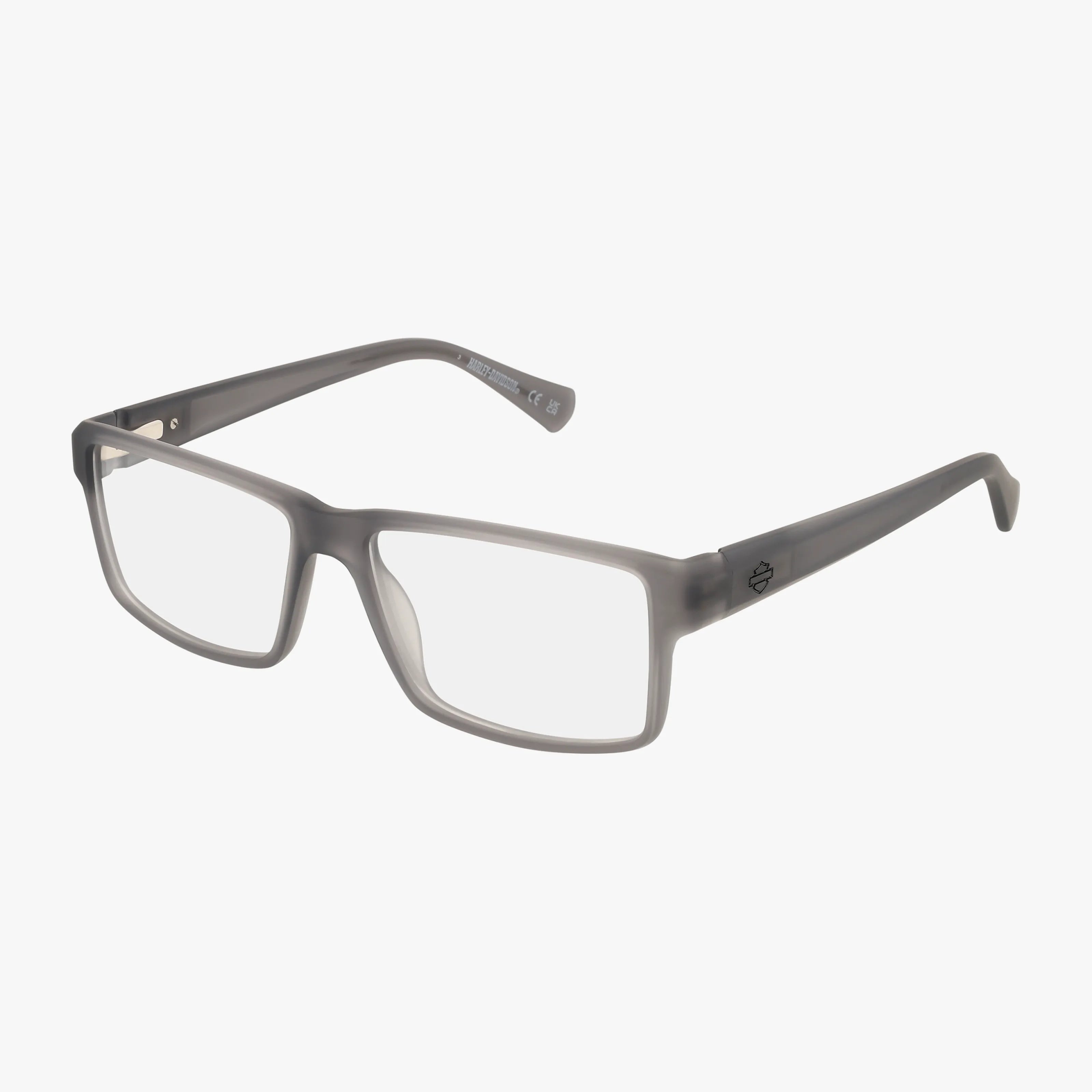The Harley Davidson HD0982 rectangular eyeglasses feature transparent gray frames and clear lenses, highlighting innovative design on a white background.