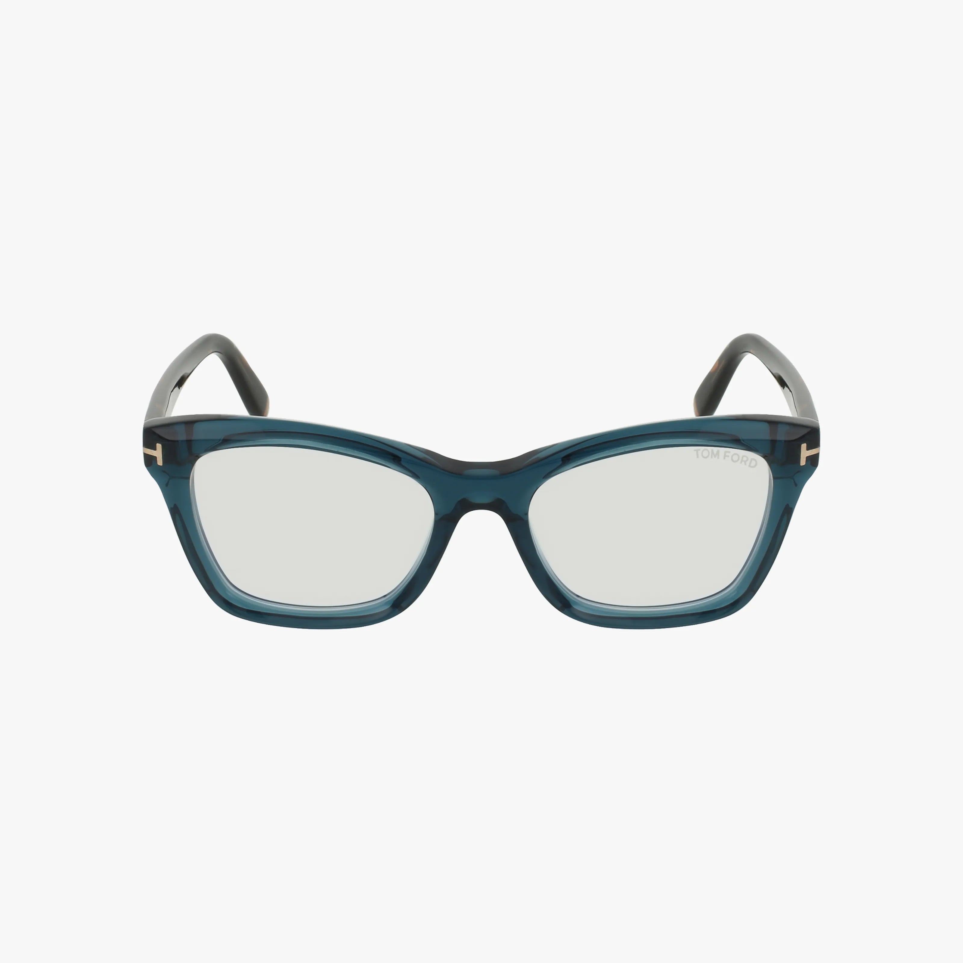 Front view of Tom Ford FT5909-B rectangular designer glasses with teal blue acetate frames, clear lenses, silver hinge accents, and black curved arms.