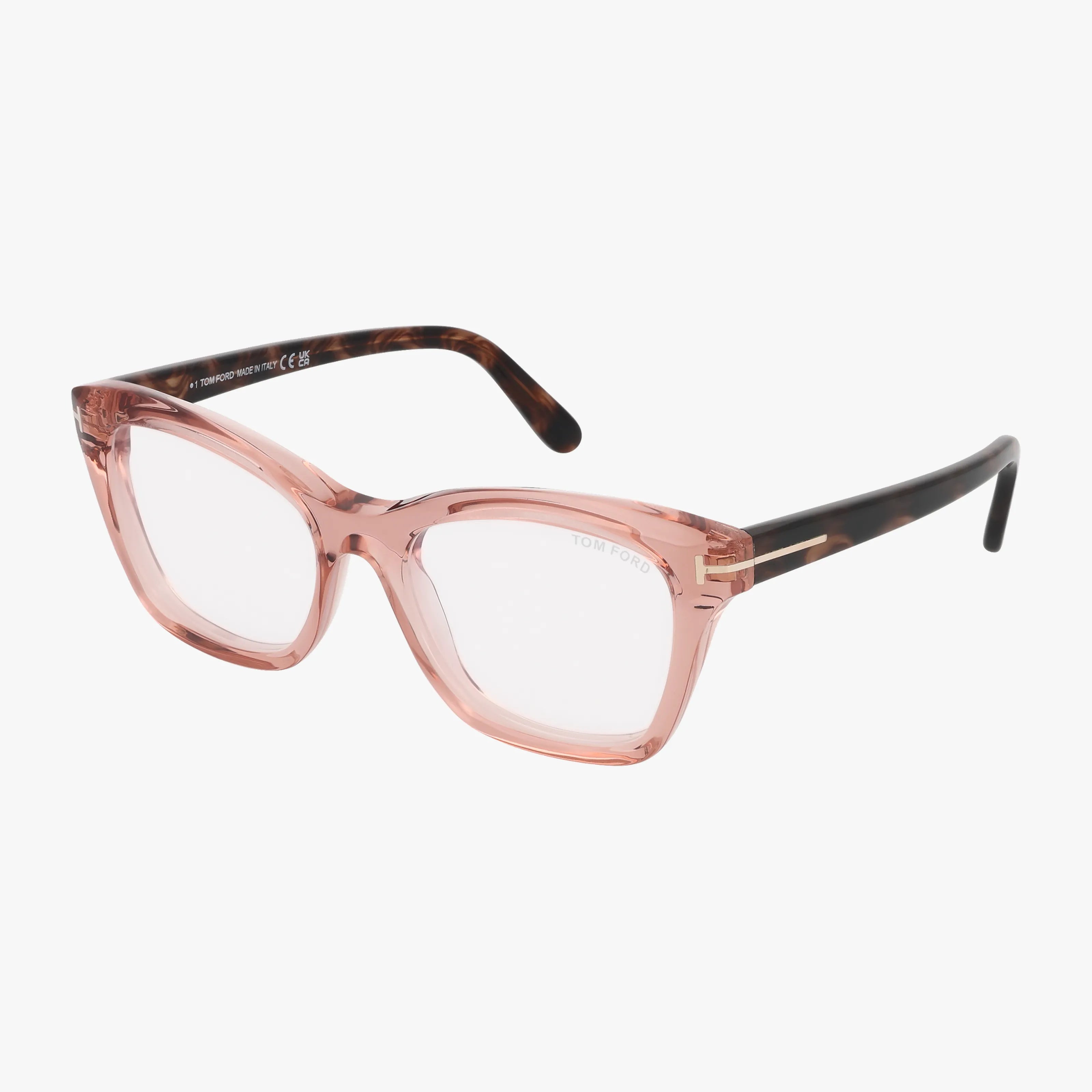 The Tom Ford FT5909-B designer glasses feature translucent pink square acetate frames and dark brown tortoiseshell arms, displayed on a white background.