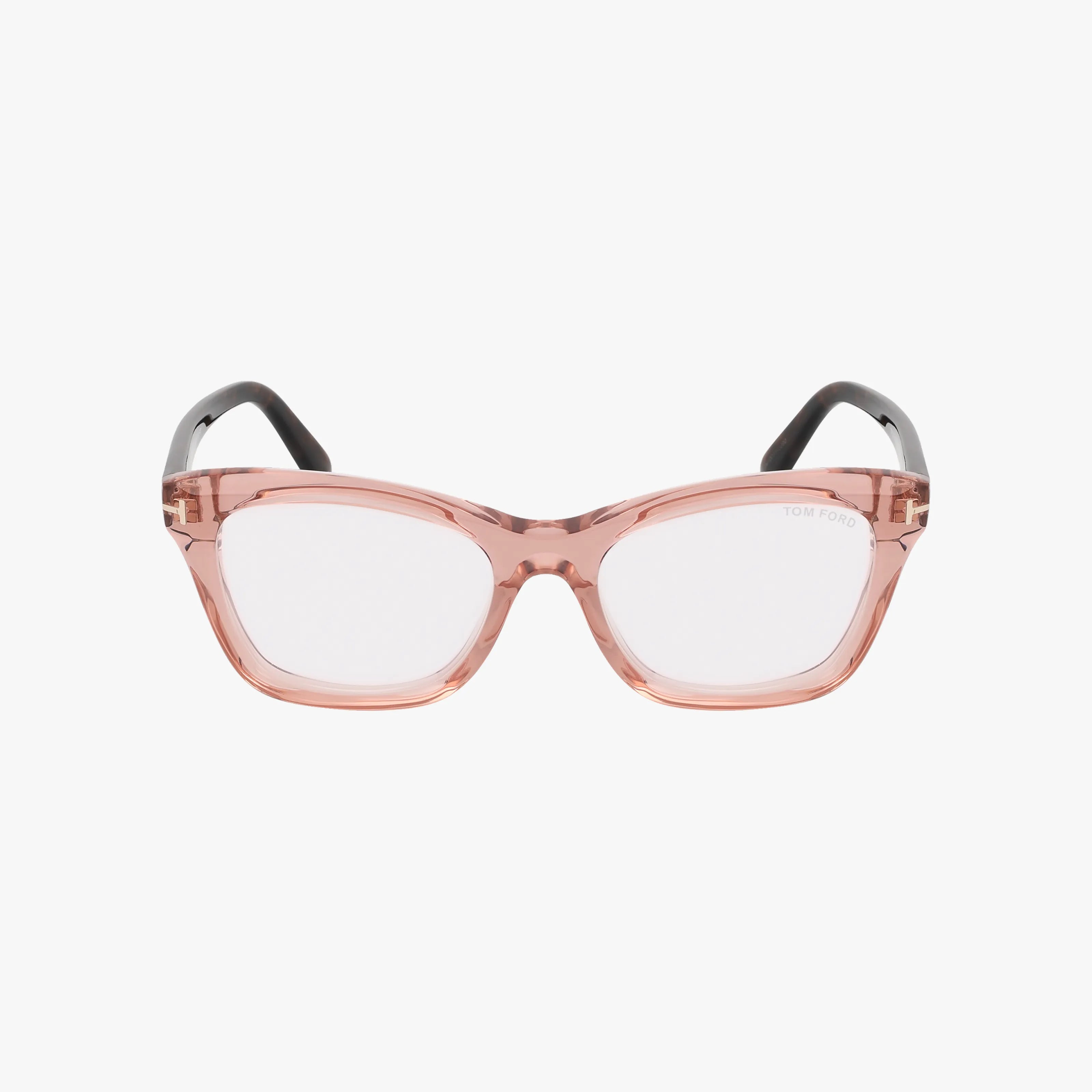 The Tom Ford FT5909-B glasses feature translucent pink acetate frames and black temple arms, showcased on a white background.