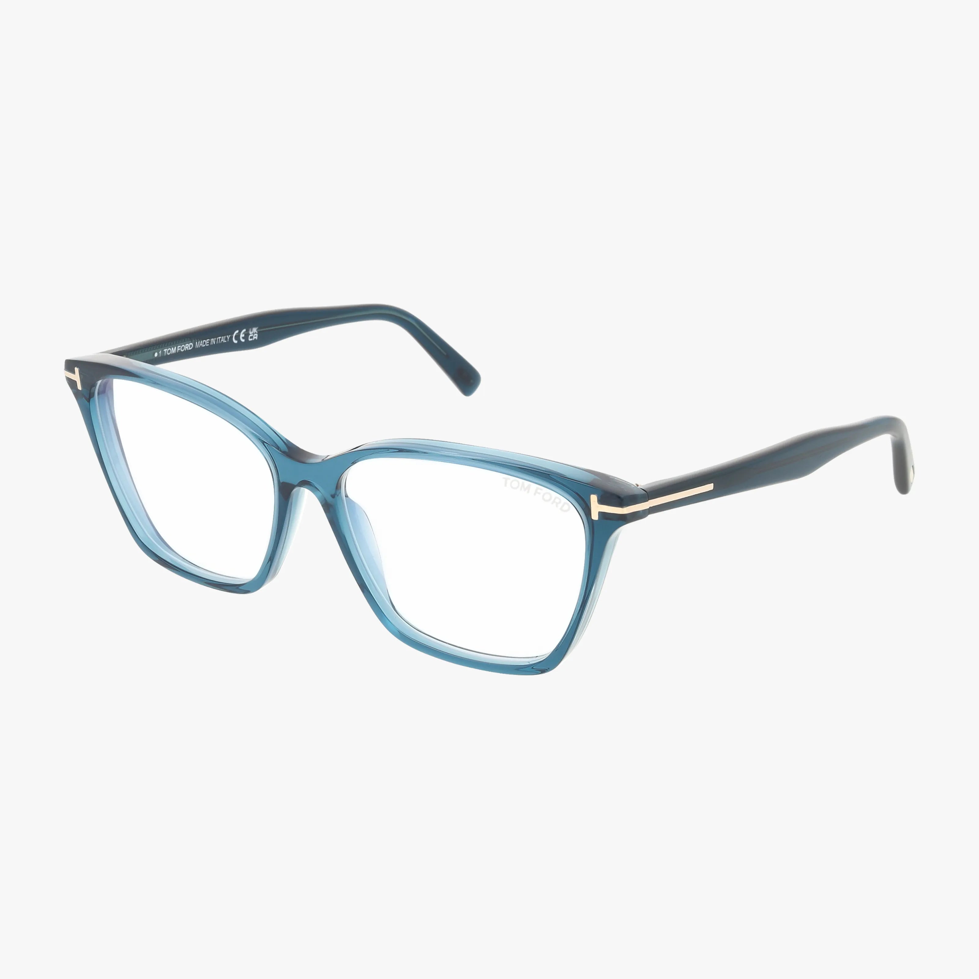 The Tom Ford FT5949-B features blue rectangular designer eyeglasses with transparent frames, gold temple accents, and black arms—an elegant upgrade for your prescription glasses collection.