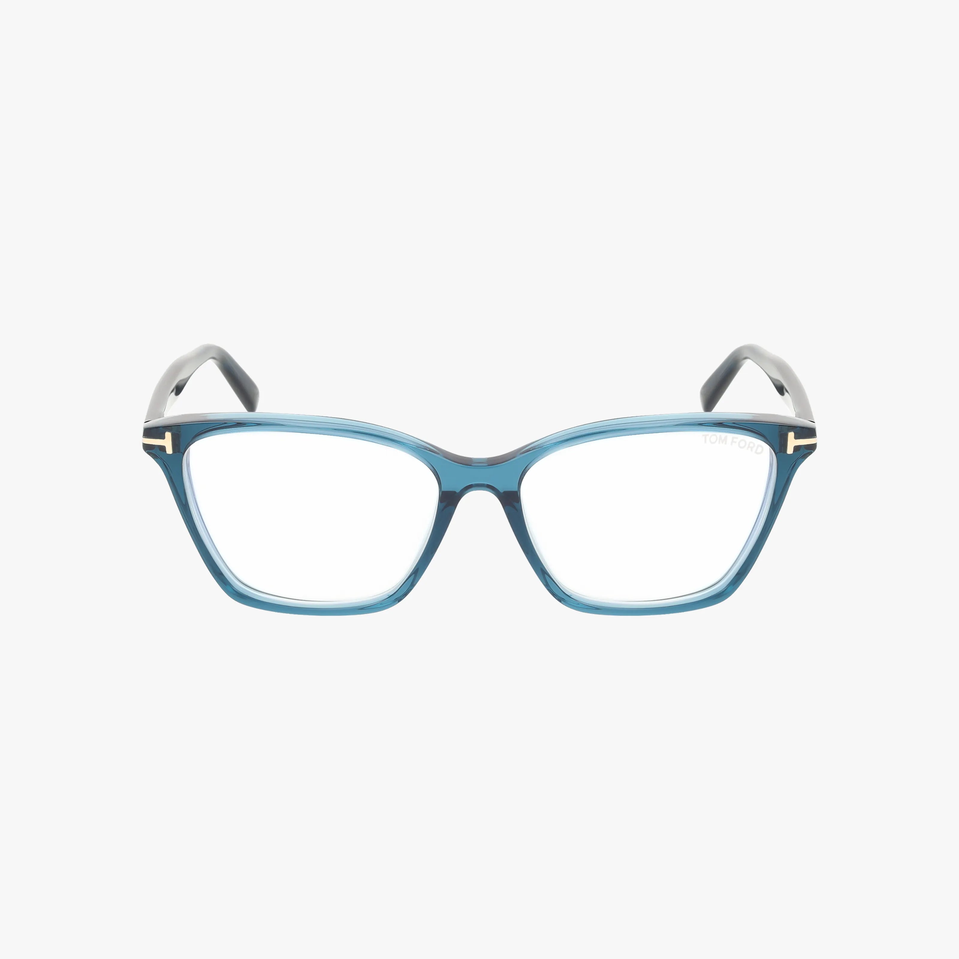 Front view of Tom Ford FT5949-B eyeglasses in blue with a square shape, clear lenses, and subtle gold accents on the upper corners. The modern, stylish frame is shown against a plain white background.