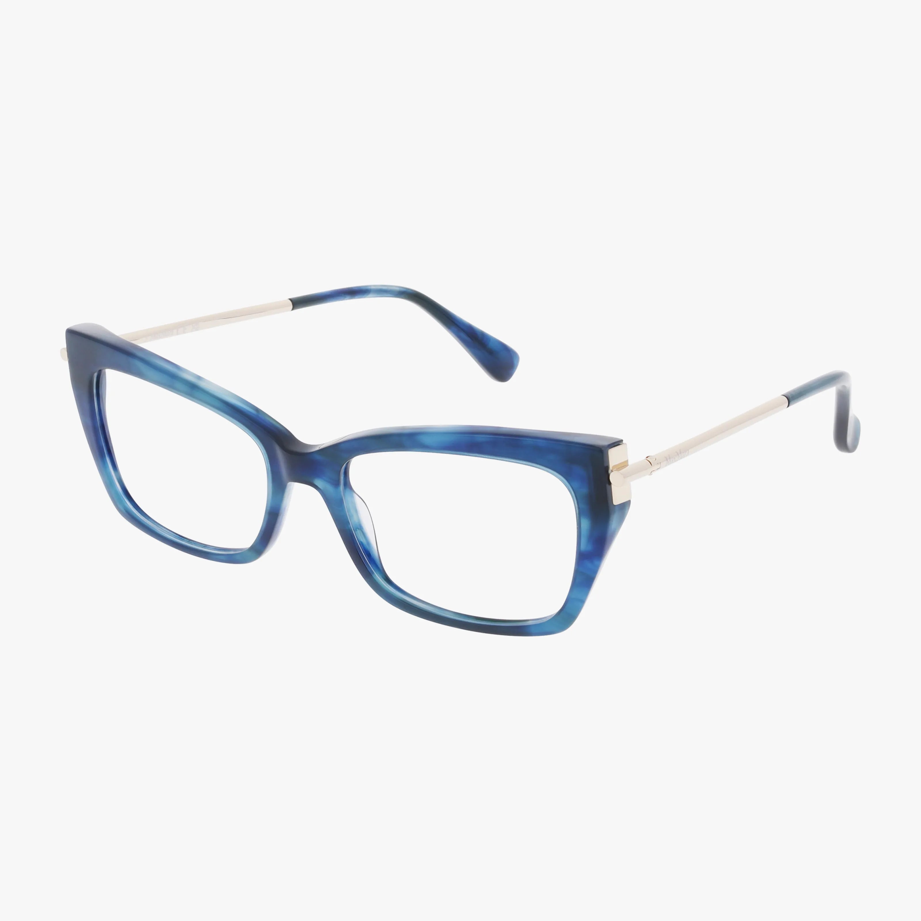 The Max Mara MM5137 features blue marbled rectangular eyeglasses with a durable acetate frame and thin metallic arms, ideal for fashion eyewear and compatible with progressive lenses, shown on a white background.