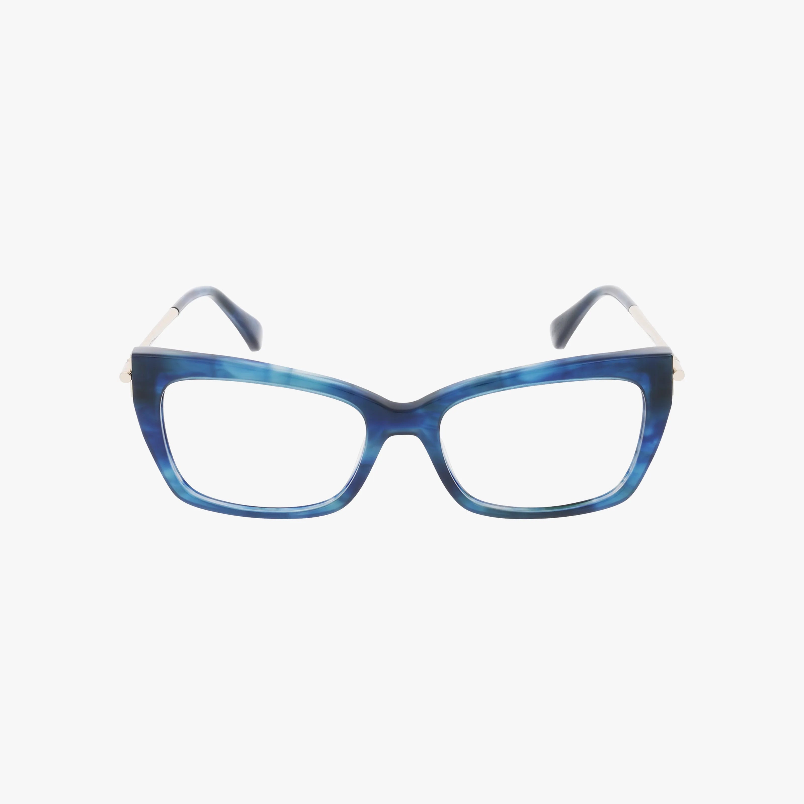 Max Mara MM5137 eyeglasses feature thick, marbled blue rectangular frames with black, slightly curved arms. Their durable design offers stylish fashion eyewear for trendsetters. Shown against a white background.